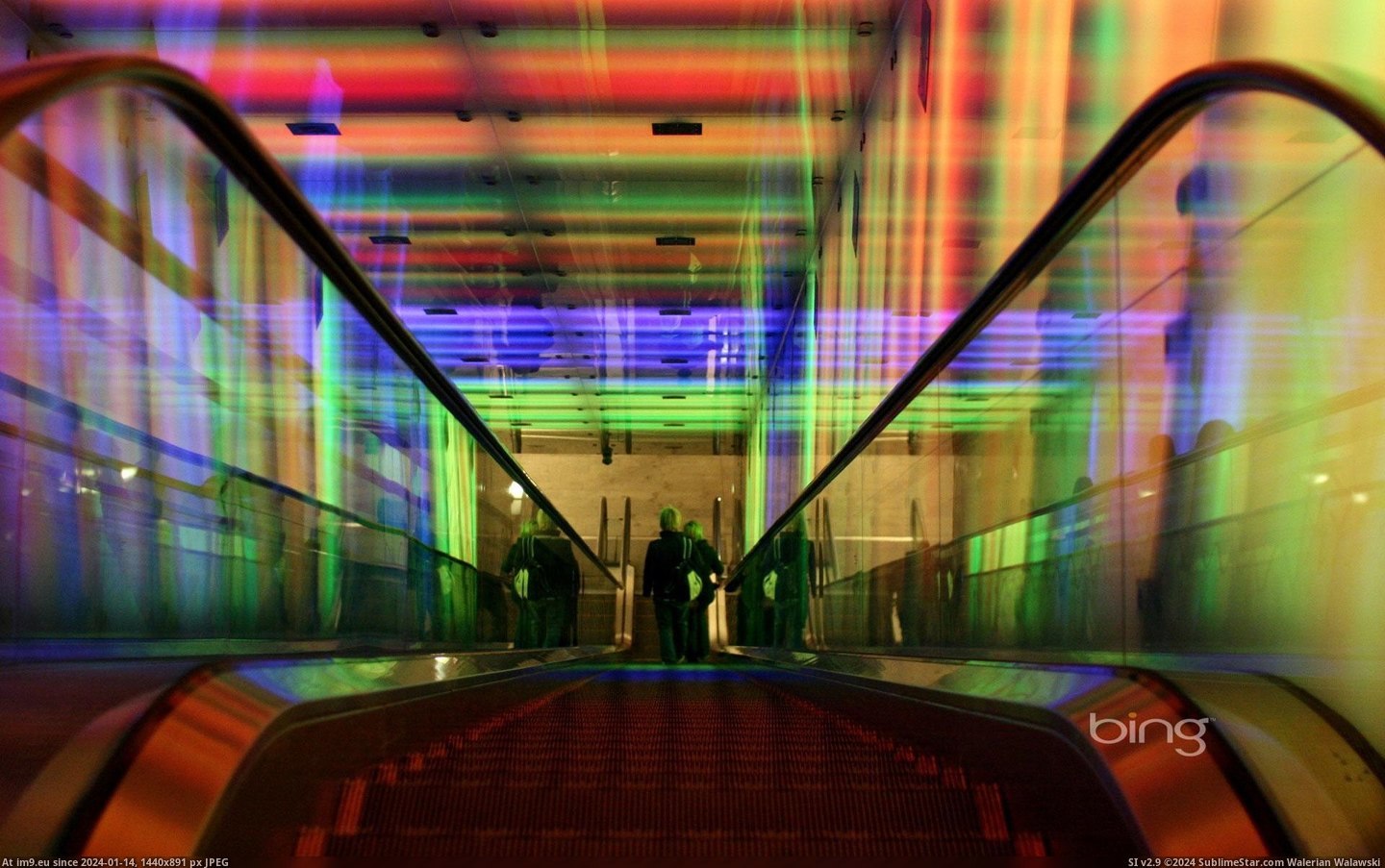 Escalator through the 'Tunnel of Light' installation at the Nydalen Metro Station in Oslo, Norway (in Bing Photos November 2012)