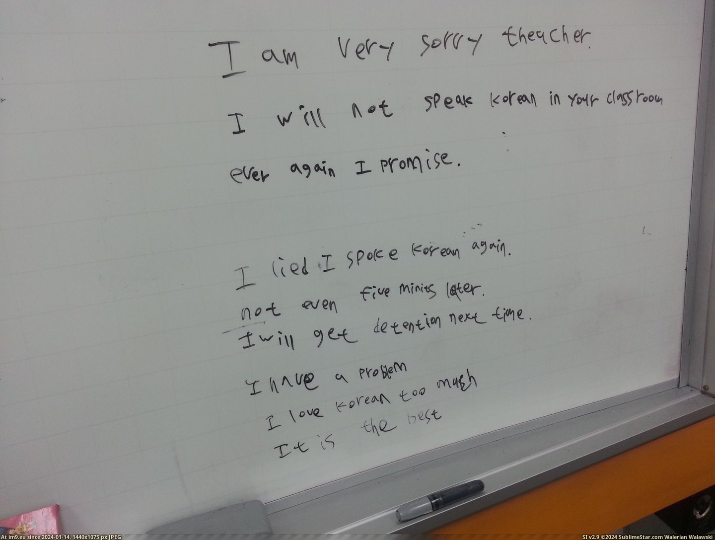 #Funny #Was #Work #School #Stopped #Speaking #Whiteboard #Kids #Class #English #Korean [Funny] I work at a Korean English school where we recently stopped kids from speaking Korean in class. This was my whiteboard t Pic. (Obraz z album My r/FUNNY favs))