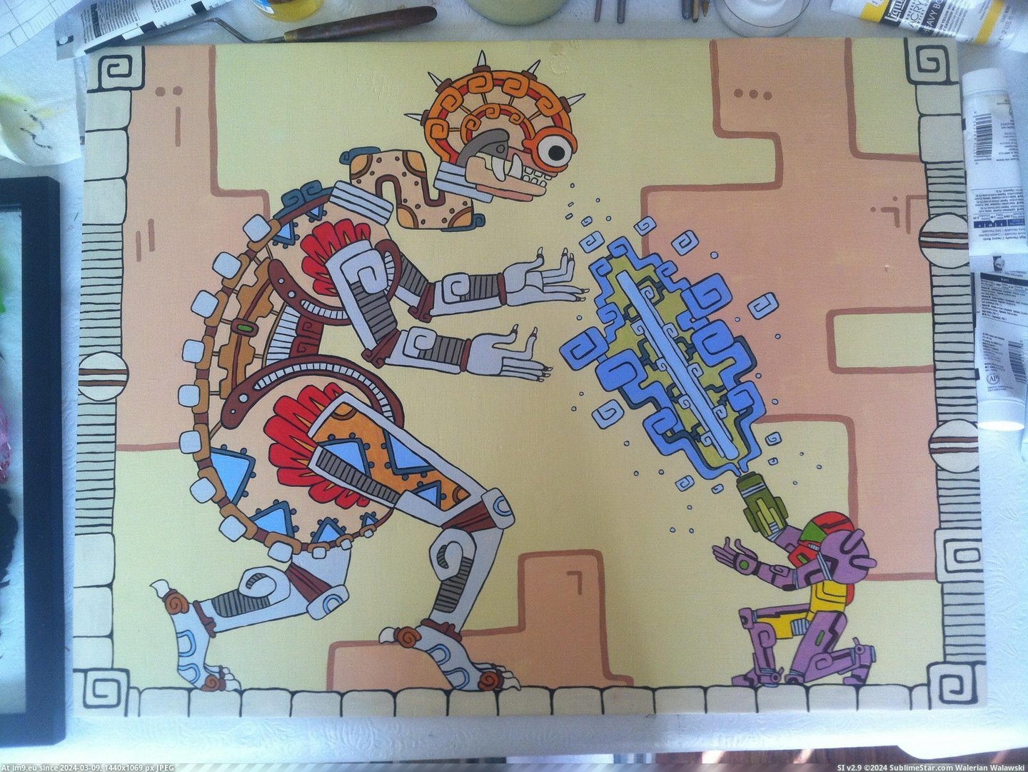 #Gaming #Painting #Wife #Brain #Metroid #Mayan #Mother #Finished #Fight [Gaming] Mayan Metroid painting my wife just finished. (Mother Brain Fight) Pic. (Bild von album My r/GAMING favs))