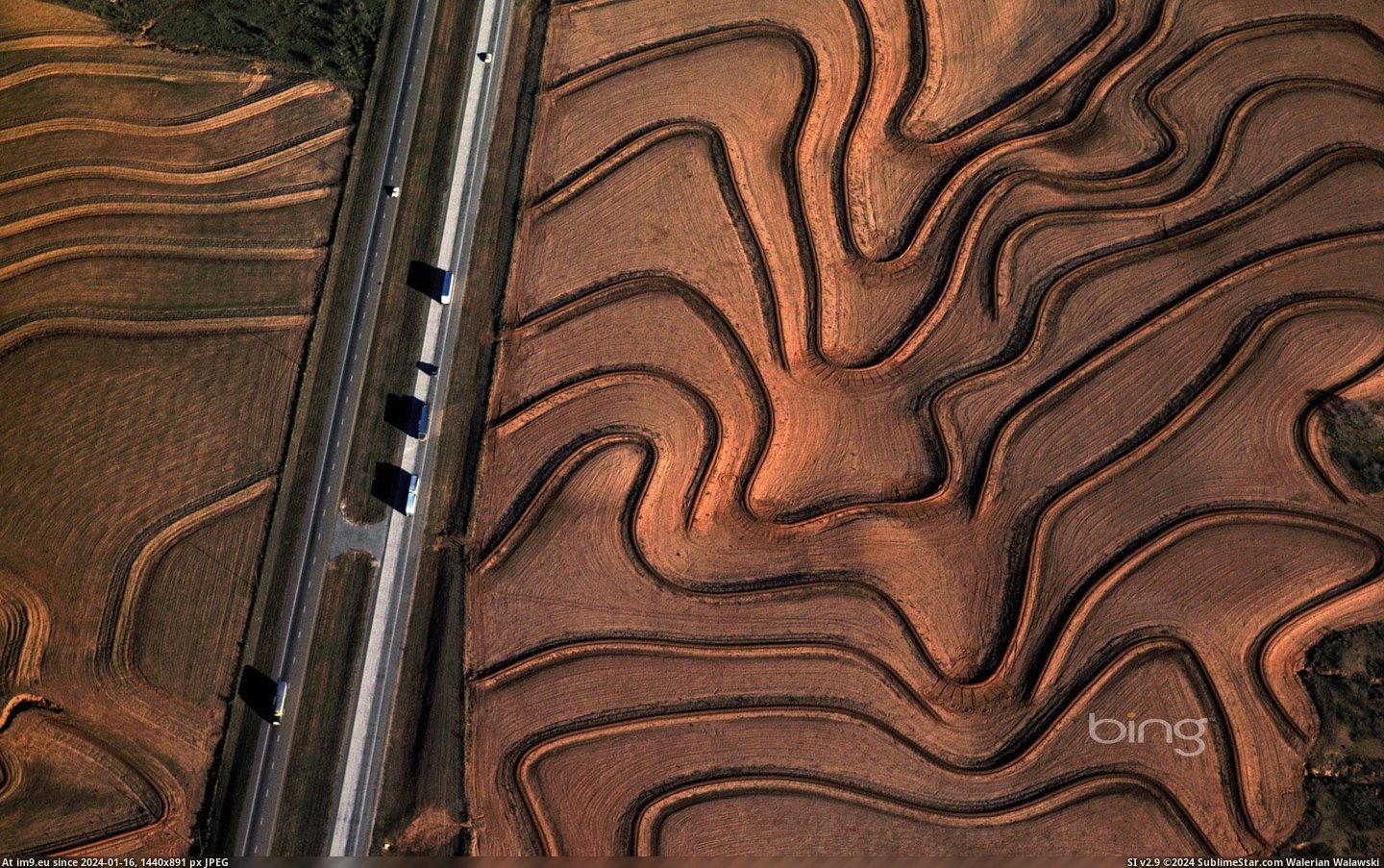 Highway 287 cuts through curving plowed fields near Carey, Texas (in Bing Photos November 2012)