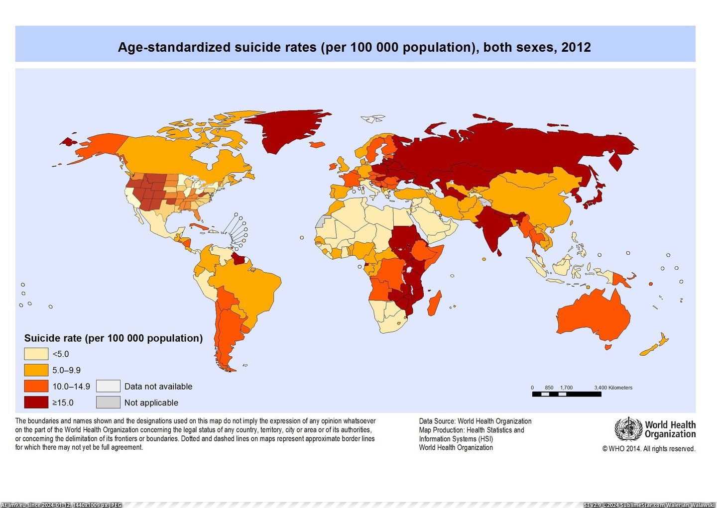 #Suicide #Rates #Age [Mapporn] Age-standardized suicide rates, per 100,000, both sexes, 2012 [2340x1652] Pic. (Obraz z album My r/MAPS favs))
