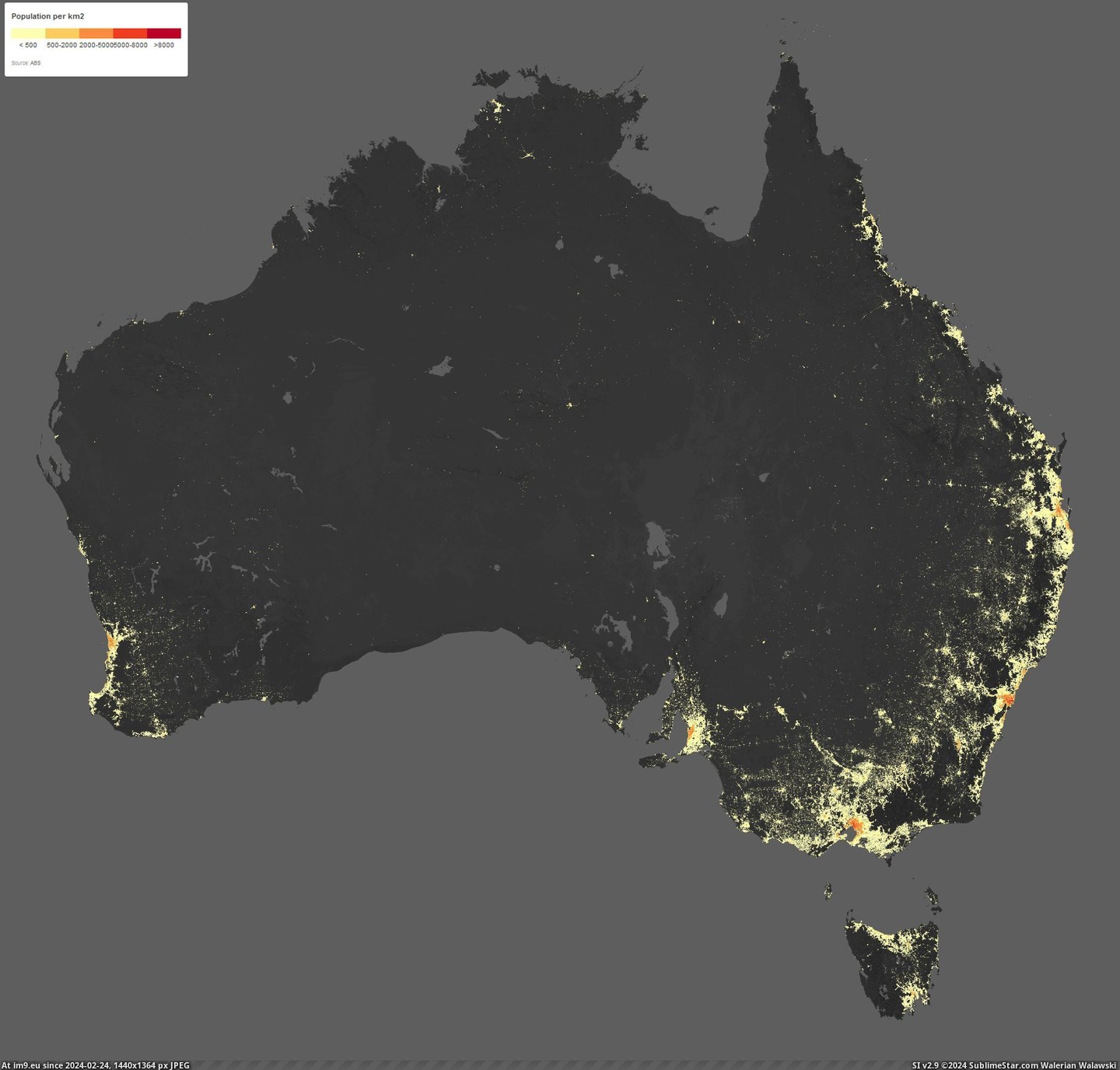 #Population #Density #Australia [Mapporn] Australia's Population Density [4000x3800] Pic. (Obraz z album My r/MAPS favs))
