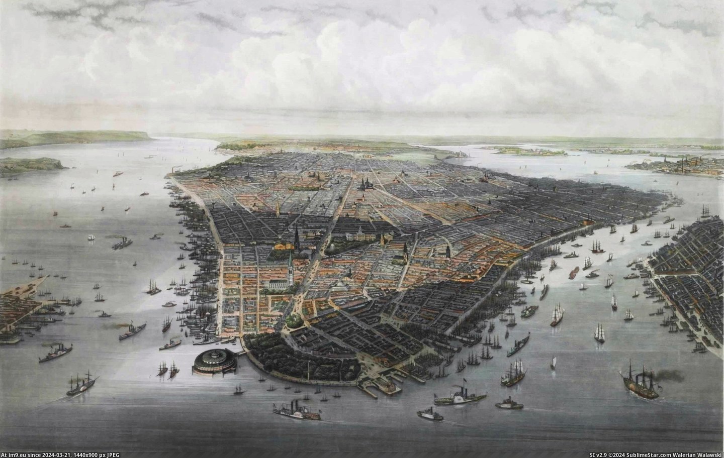 #Park #City #Bird #Foreground #Battery #Eye #York [Mapporn] Bird's-eye view of New York City with Battery Park in the foreground. Goupil & Co., 1851. [2786x1753] Pic. (Image of album My r/MAPS favs))