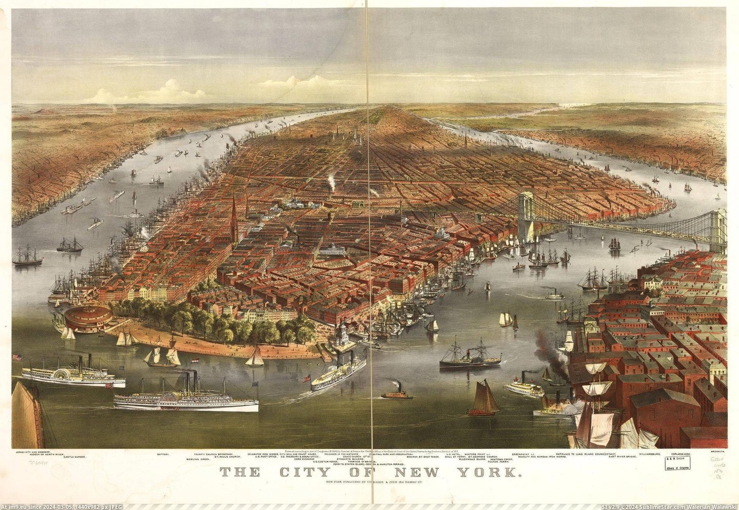 #Map #York #Birds #Eye [Mapporn] Birds eye map of New York in 1870 [2,300 x 1,580] Pic. (Bild von album My r/MAPS favs))