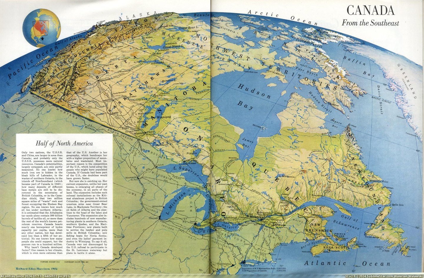 #Canada #Southeast #Harrisson #Richard [Mapporn] Canada seen from the Southeast. Made by Richard Harrisson in 1952 [2070x1353] Pic. (Image of album My r/MAPS favs))