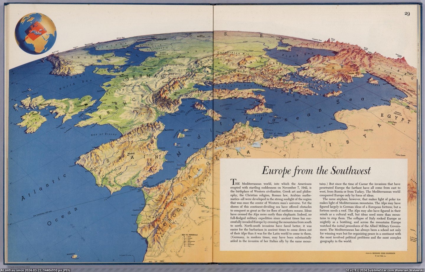 #Europe #Harrison #Southwest #Richard [Mapporn] Europe from the Southwest, made in 1943 by Richard Edes Harrison [5496x3487] Pic. (Image of album My r/MAPS favs))