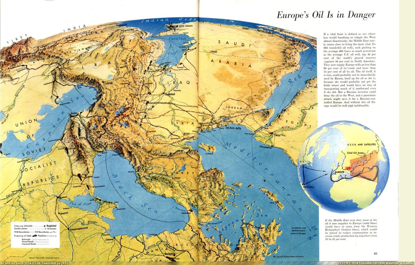 #Europe #Oil #Danger #East [Mapporn] 'Europe's oil is in danger.' The Middle-East as seen from Europe in 1951 [3078x1953] Pic. (Obraz z album My r/MAPS favs))