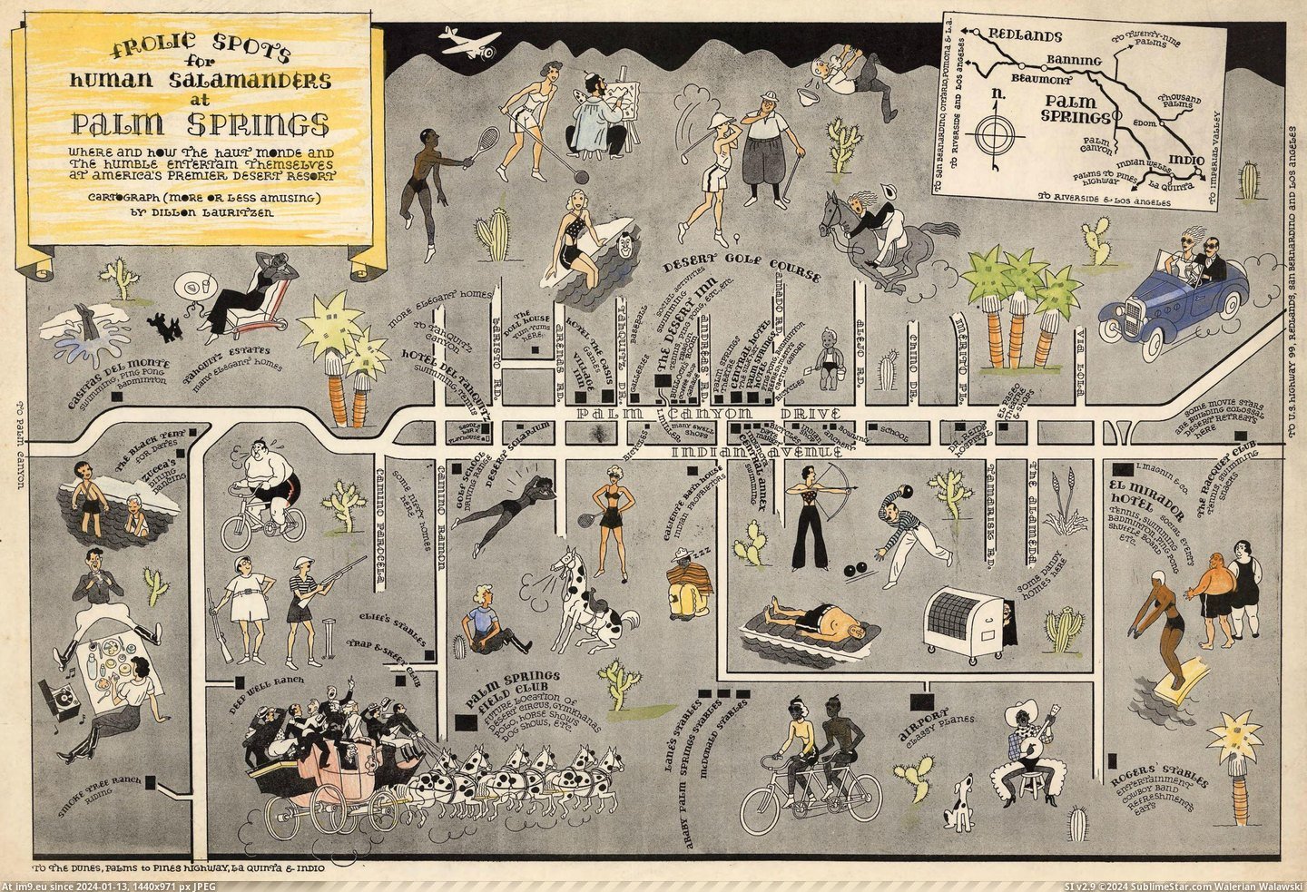 #Art #Map #Palm #Spots #Fabulous #Human #Springs [Mapporn] Frolic spots for Human Salamanders at Palm Springs, 1933 - fabulous Art Deco pictorial map. [3240x2196] Pic. (Image of album My r/MAPS favs))
