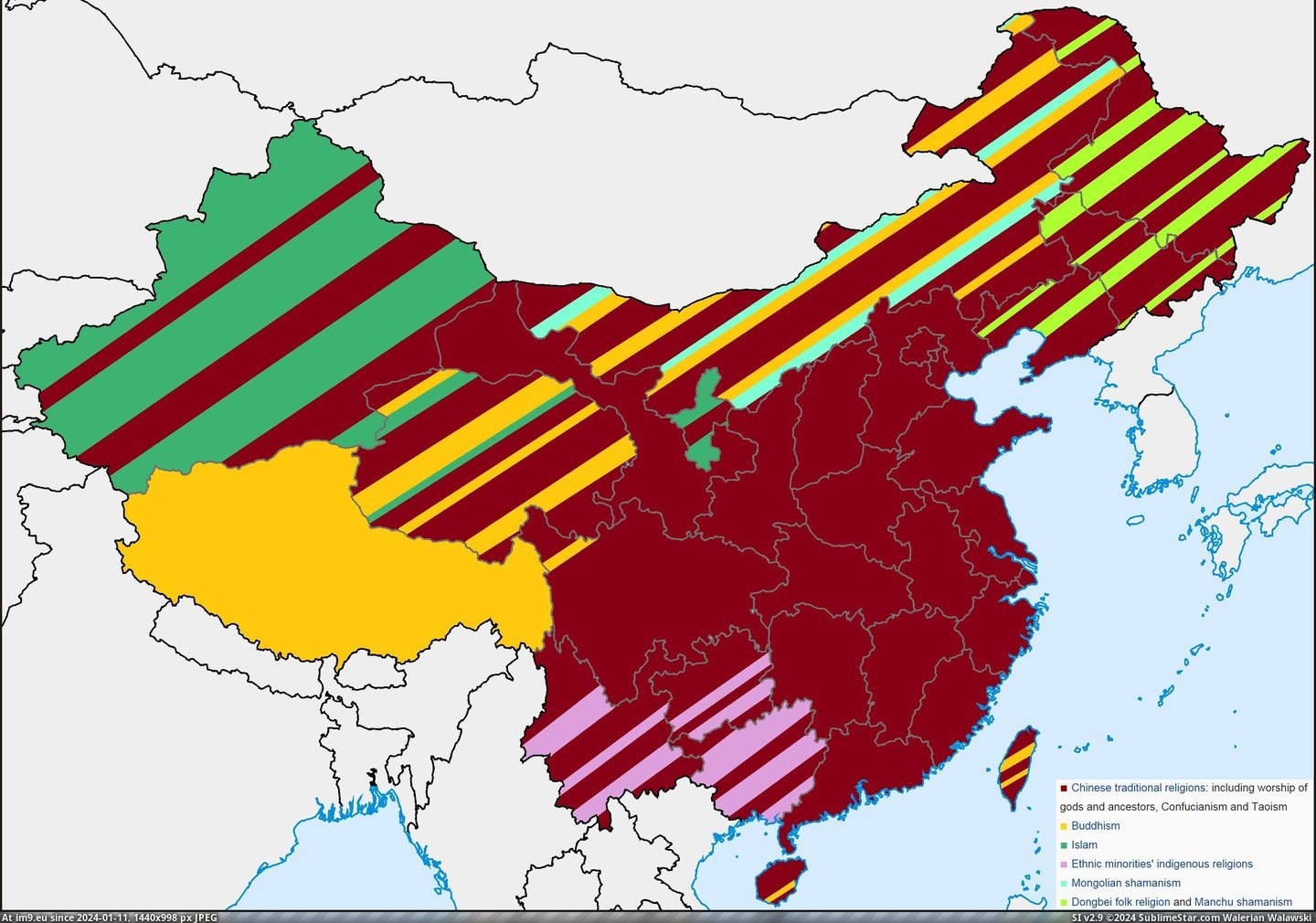 #China #Geographic #Religions #Distribution [Mapporn] Geographic distribution of religions in China [3109x2167] Pic. (Image of album My r/MAPS favs))