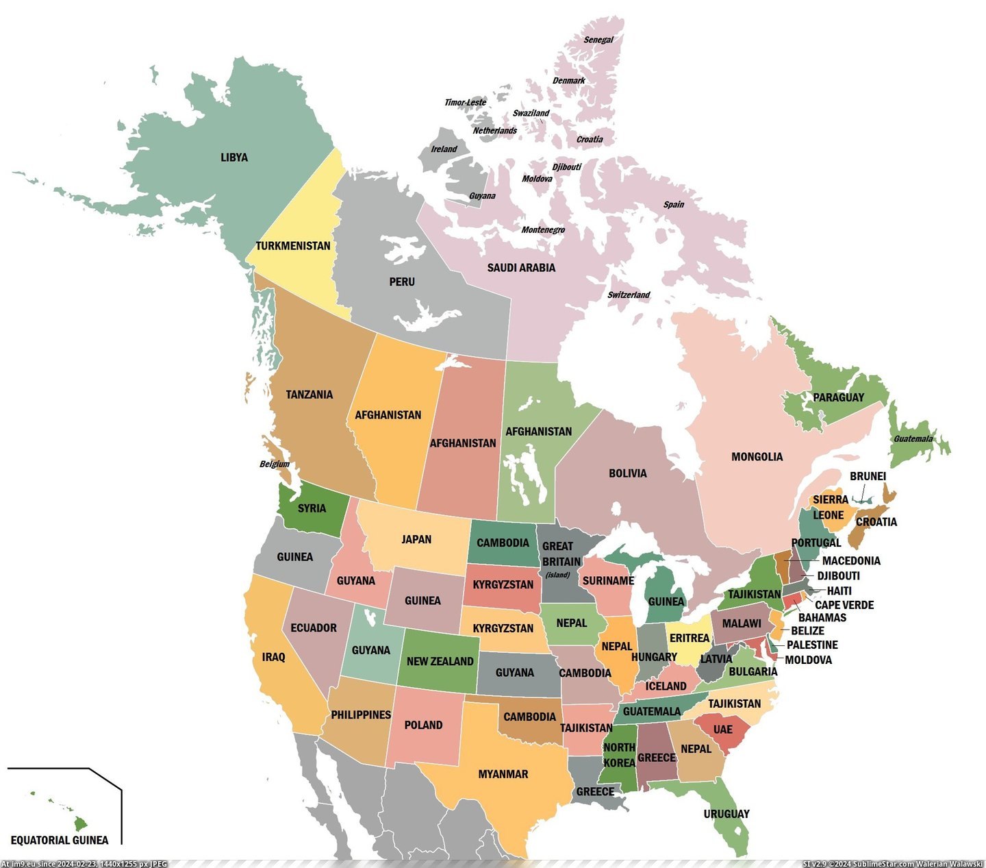 #Canada #States #Countries #Similar #Provinces #2029x1781 #Islands #Moved #Areas [Mapporn] If countries moved to states-islands-provinces of the US and Canada with similar areas 2029x1781] Pic. (Bild von album My r/MAPS favs))