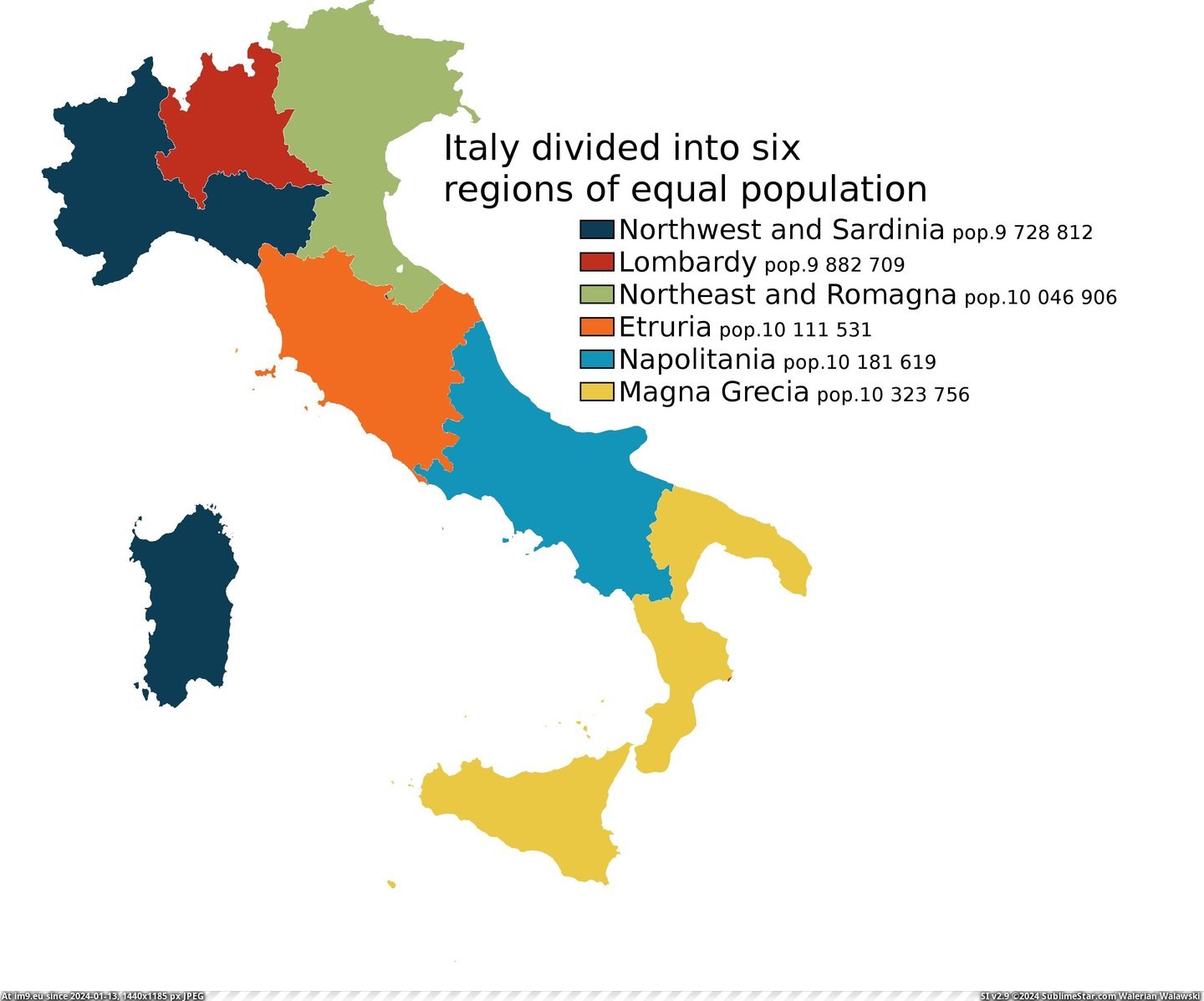 #Population #Italy #Divided #Equal #Six #Regions [Mapporn] Italy divided into six regions of equal population [OC][3.119×2.578] Pic. (Image of album My r/MAPS favs))