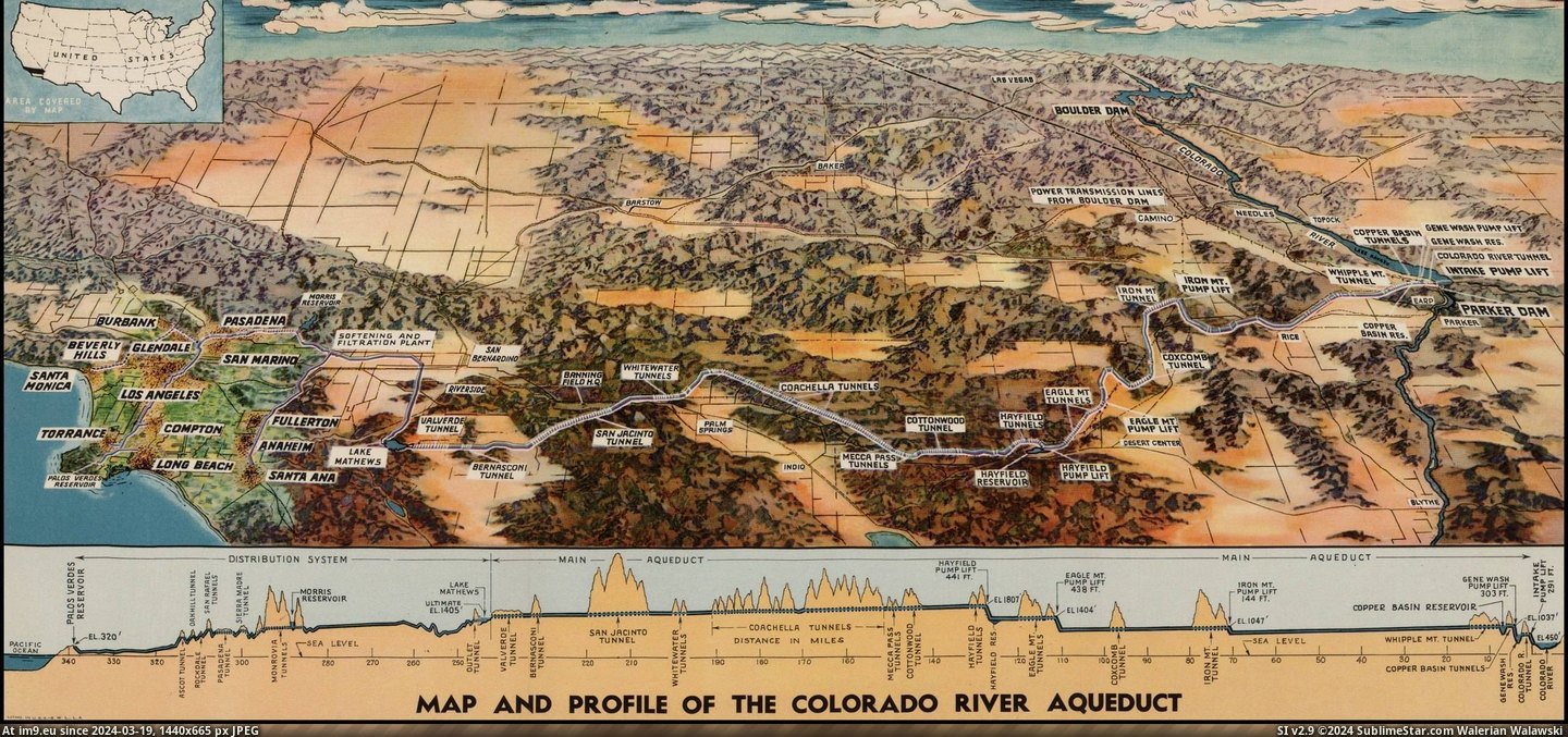 #Map #Colorado #Aqueduct #River [Mapporn] Map and Profile of the Colorado River Aqueduct, ca. 1935. [2571×1200] Pic. (Obraz z album My r/MAPS favs))