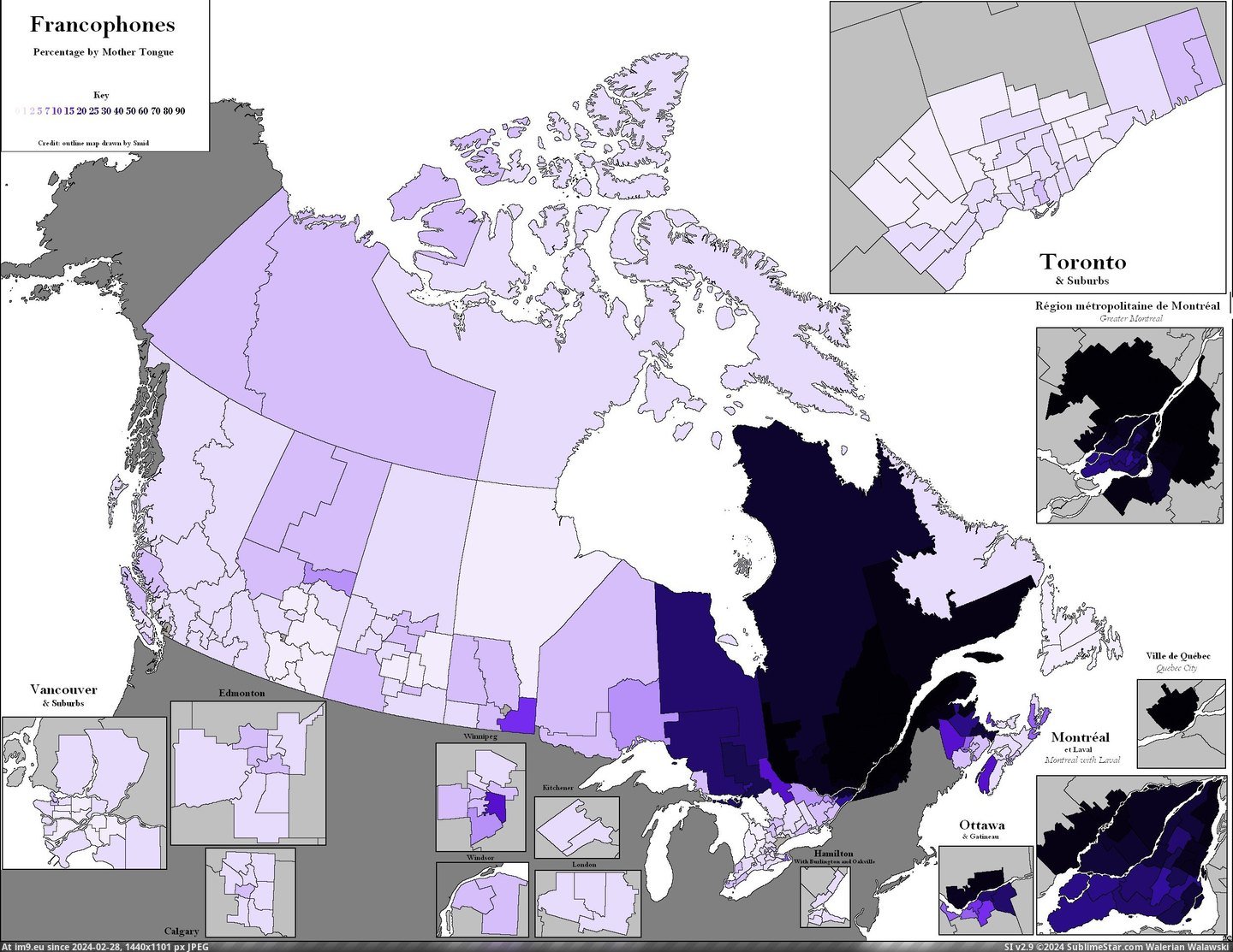 #Map #French #Speakers #Municipality #Canada #Native [Mapporn] Map of native French speakers in Canada by municipality [2500x1923] Pic. (Bild von album My r/MAPS favs))