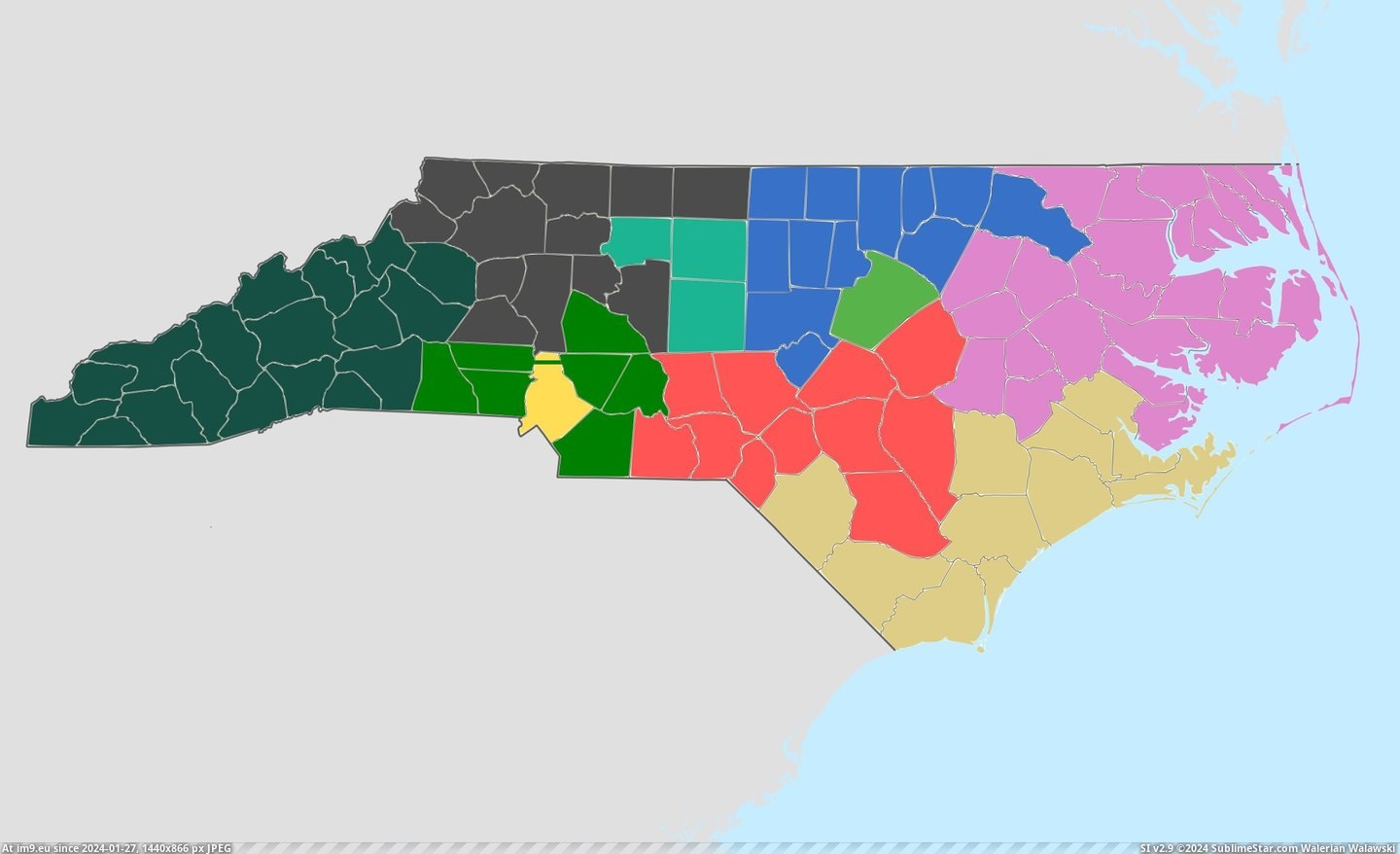 #Map #People #North #Sections #Aprox #Population #Carolina #Split [Mapporn] Map Of North Carolina Split Into 10 Sections with a Population of Aprox. 1,000,000 People Each [2333x1415] [OC] Pic. (Bild von album My r/MAPS favs))
