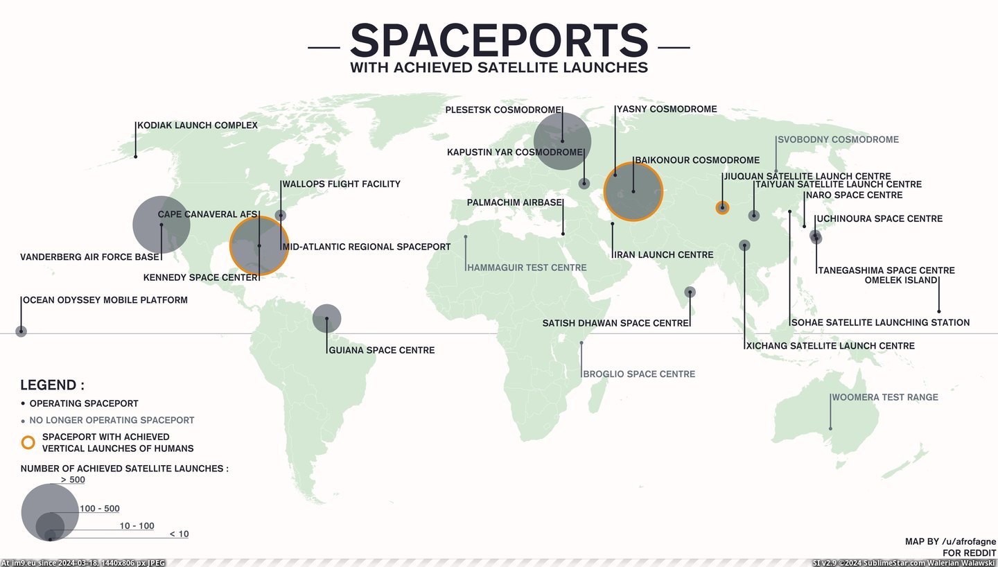 #Map #Satellite #Spaceports #Achieved #Launches [Mapporn] Map of spaceports with achieved satellite launches.[5000x2800] [OC] Pic. (Bild von album My r/MAPS favs))
