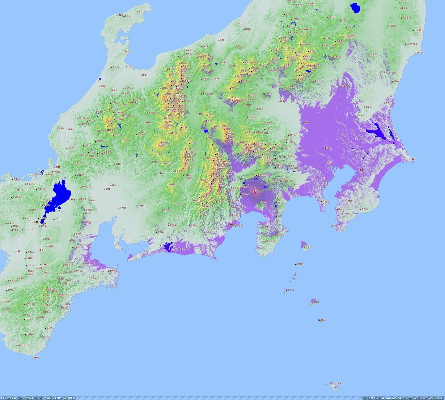 #Map #Japan #Shows #Fuji #Visibility #Mount #Purple #Potential [Mapporn] Map where purple shows potential visibility for Mount Fuji (japan) [3105x2774] Pic. (Bild von album My r/MAPS favs))