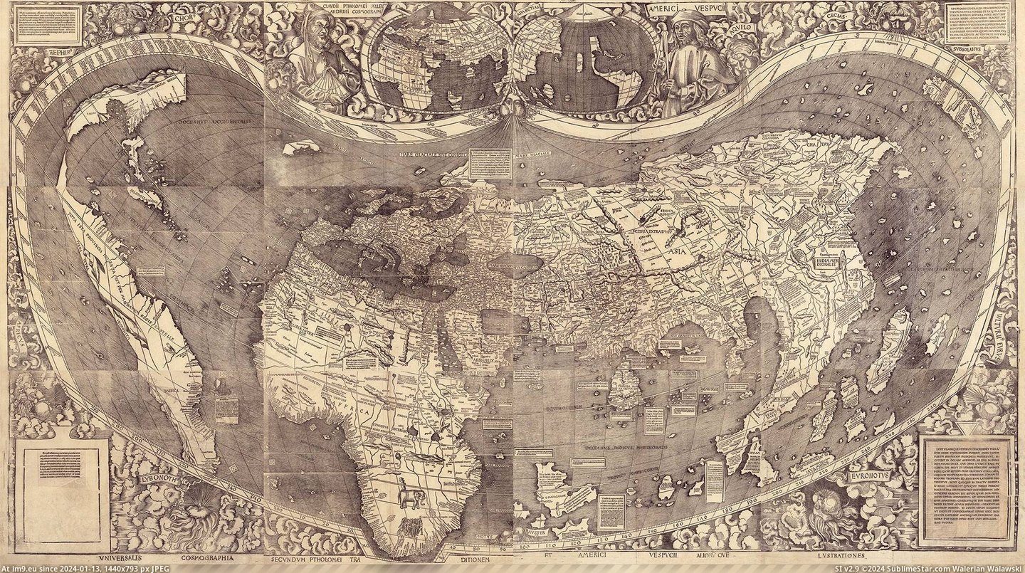 [Mapporn] Martin Waldseemüller’s 1507 map. The first map to apply the name 'America' to the new world. [2000x1114] (in My r/MAPS favs)