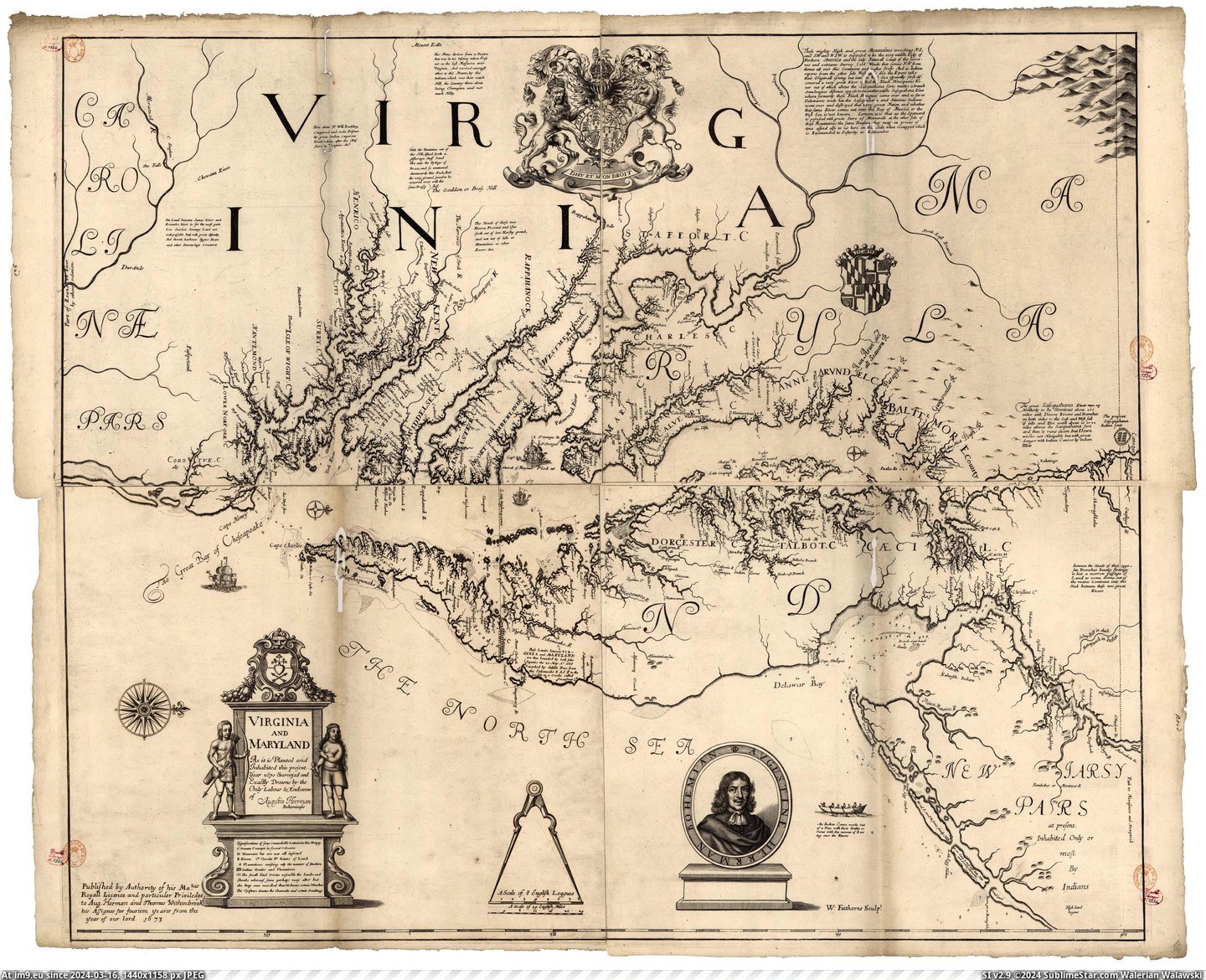 #Virginia #Maryland #Herman #Published #Augustine [Mapporn] Maryland & Virginia c. 1670 (published 1673) by Augustine Herman [5000x4034] Pic. (Image of album My r/MAPS favs))