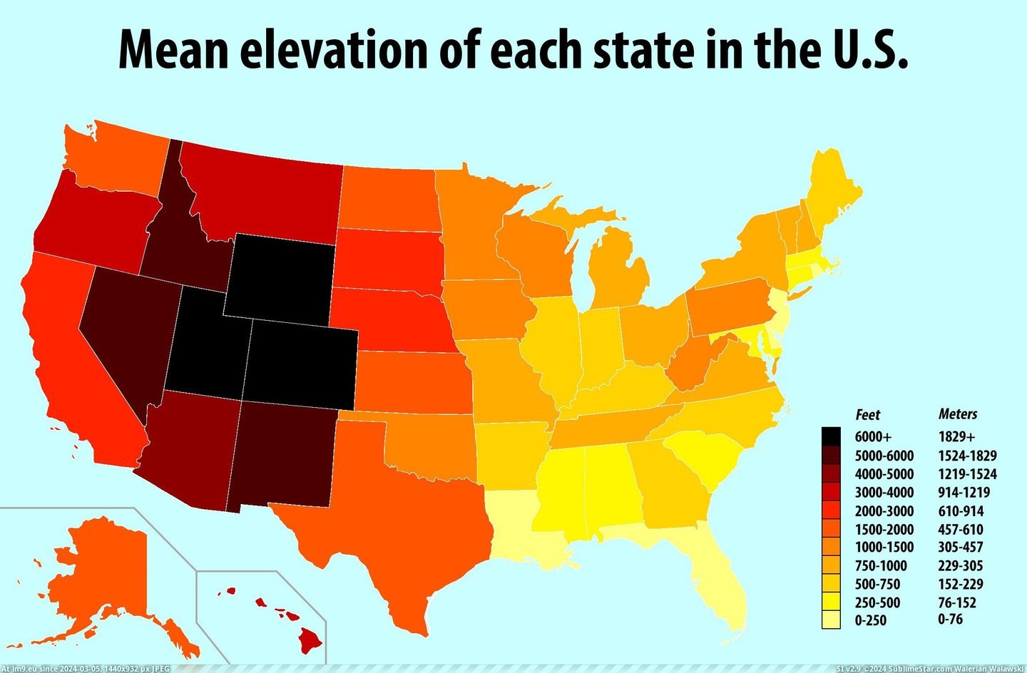 #State  #Elevation [Mapporn] Mean elevation of each state in the U.S. [OC] [2300x1500] Pic. (Image of album My r/MAPS favs))