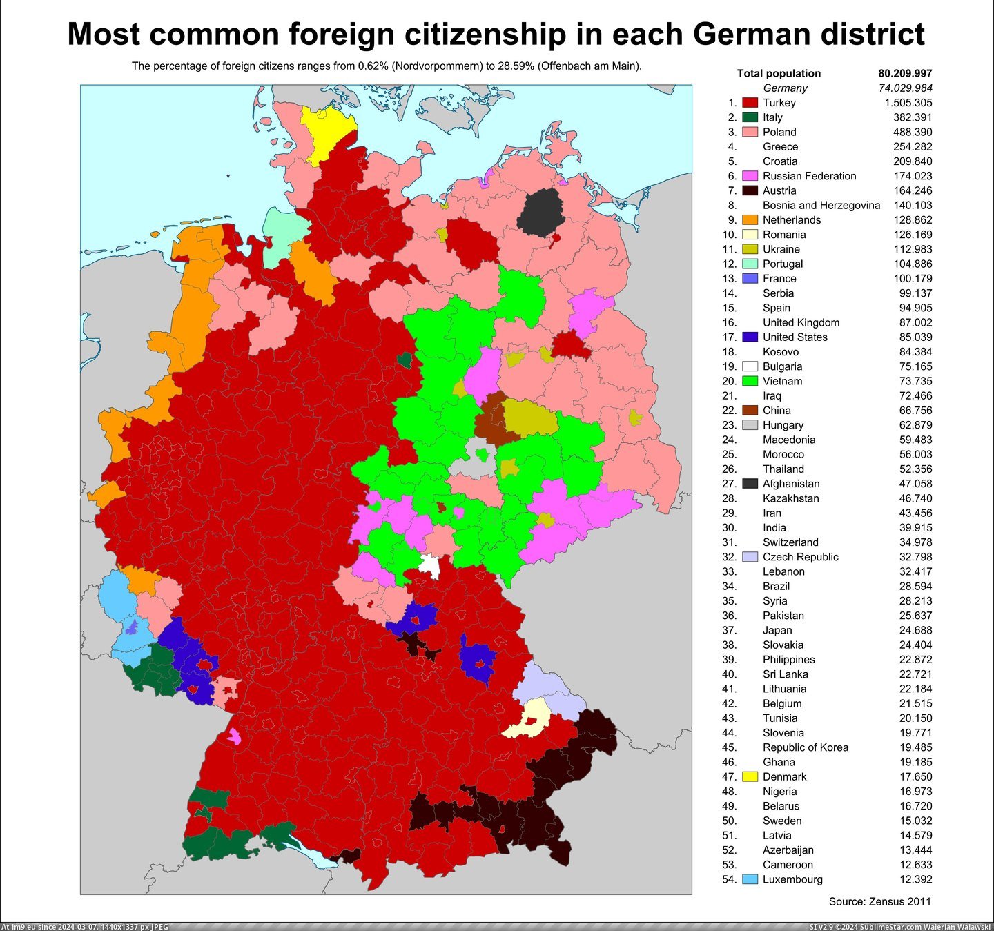 #German #District #Citizenship #Common #Foreign [Mapporn] Most common foreign citizenship in each German district [5120x4765] Pic. (Obraz z album My r/MAPS favs))