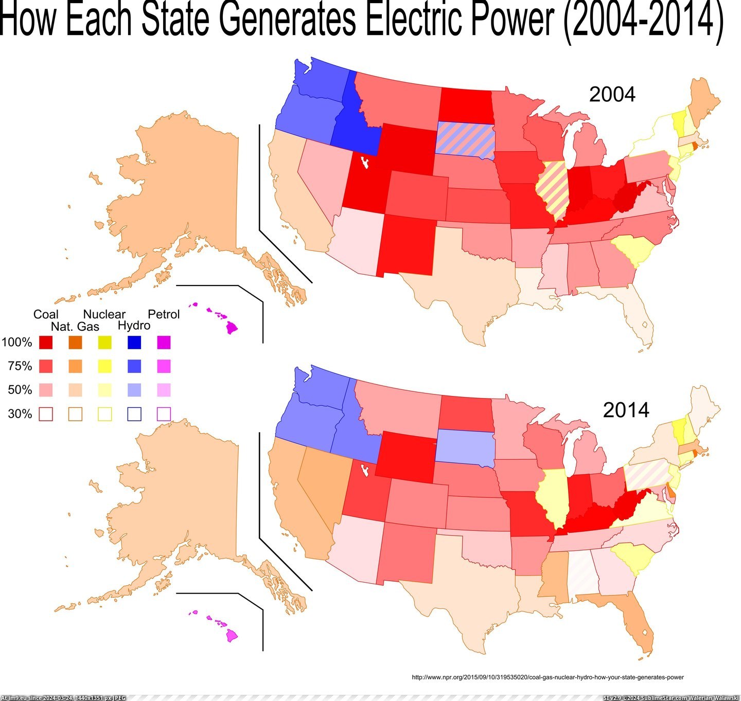 #Source #State #Electricity #Fuel #Common #Production [Mapporn]  Most Common Fuel Source for Electricity Production in Each US State, 2004-2014 [5000x4704] Pic. (Image of album My r/MAPS favs))