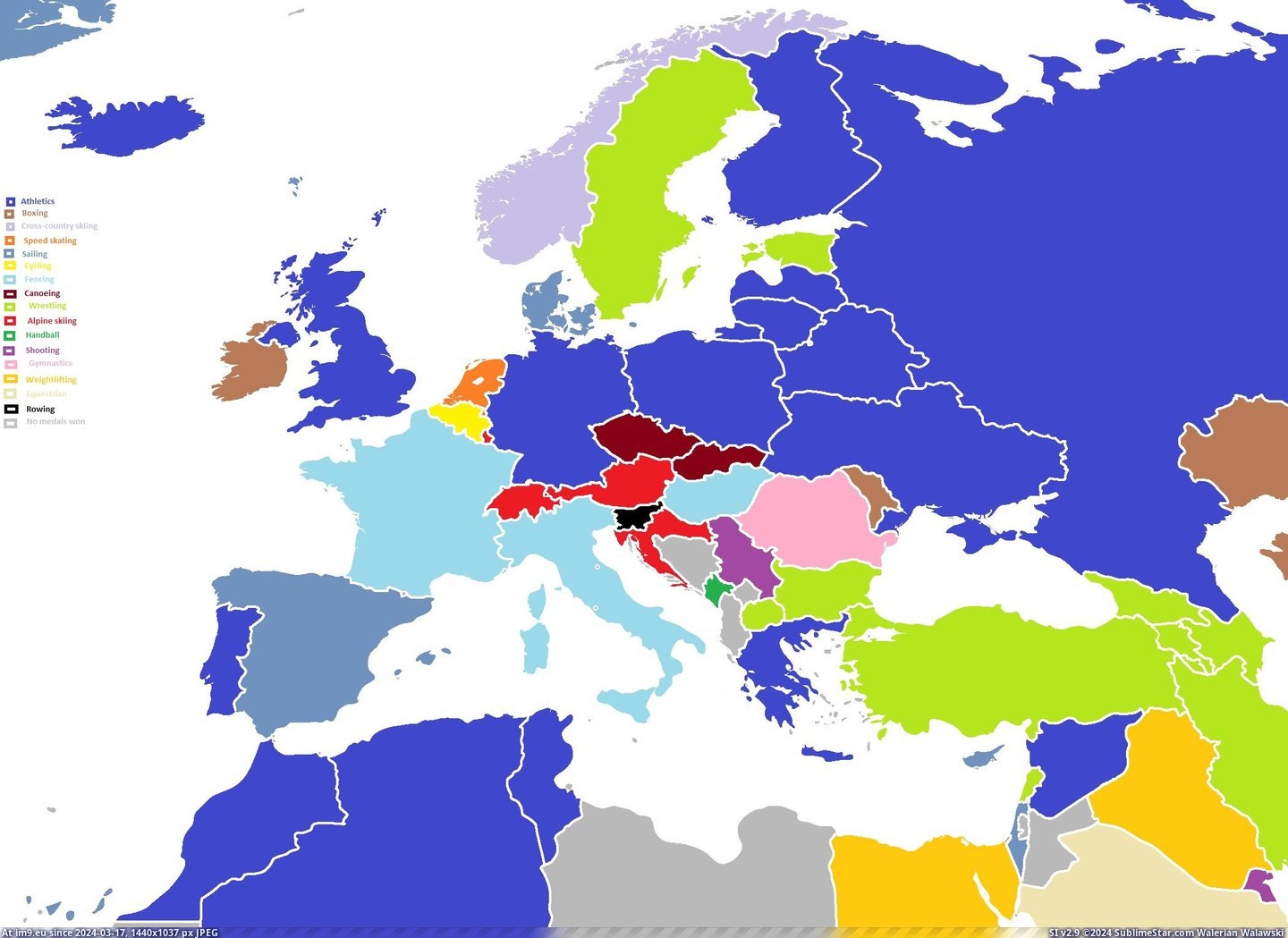 #Europe #Won #Area #Medals #2100x1525 #Olympic #Sport #Surrounding [Mapporn] Most Olympic medals won by sport - Europe and the surrounding area [2100x1525] [OC] Pic. (Bild von album My r/MAPS favs))