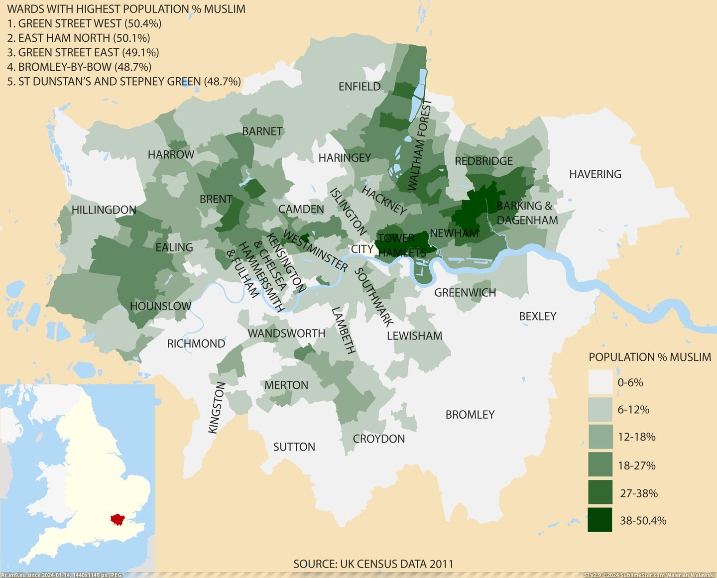#Population #Muslim #London [Mapporn] Muslim population in London [5937x4750] [OC] Pic. (Obraz z album My r/MAPS favs))