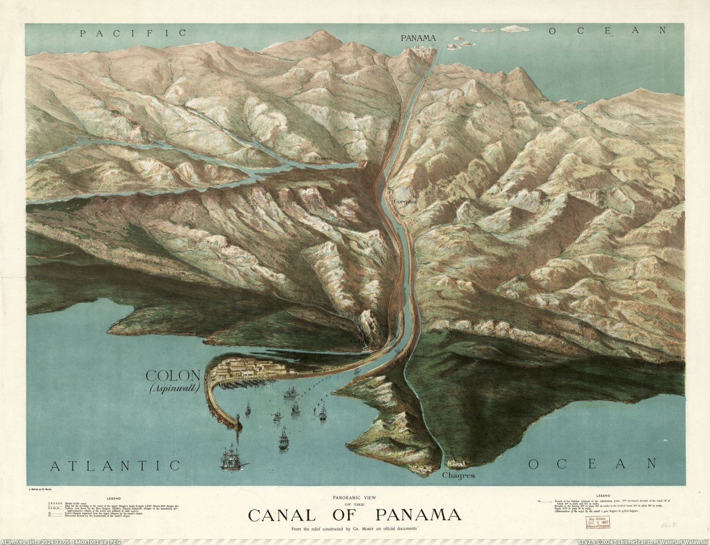 #Panoramic #Panama #Constructed #Canal #Relief [Mapporn] Panoramic view of the canal of Panama, From the relief constructed by Ch. Muret - 1881 [2285x1746] Pic. (Obraz z album My r/MAPS favs))
