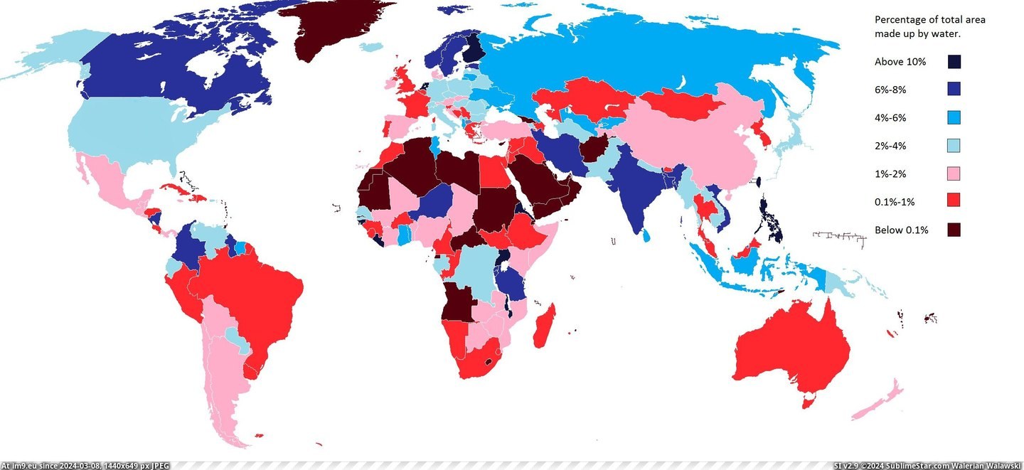 #Water #Area #Nation #2628x1196 #Total #Percentage [Mapporn] Percentage of each nation's total area made up by water [2628x1196] Pic. (Obraz z album My r/MAPS favs))