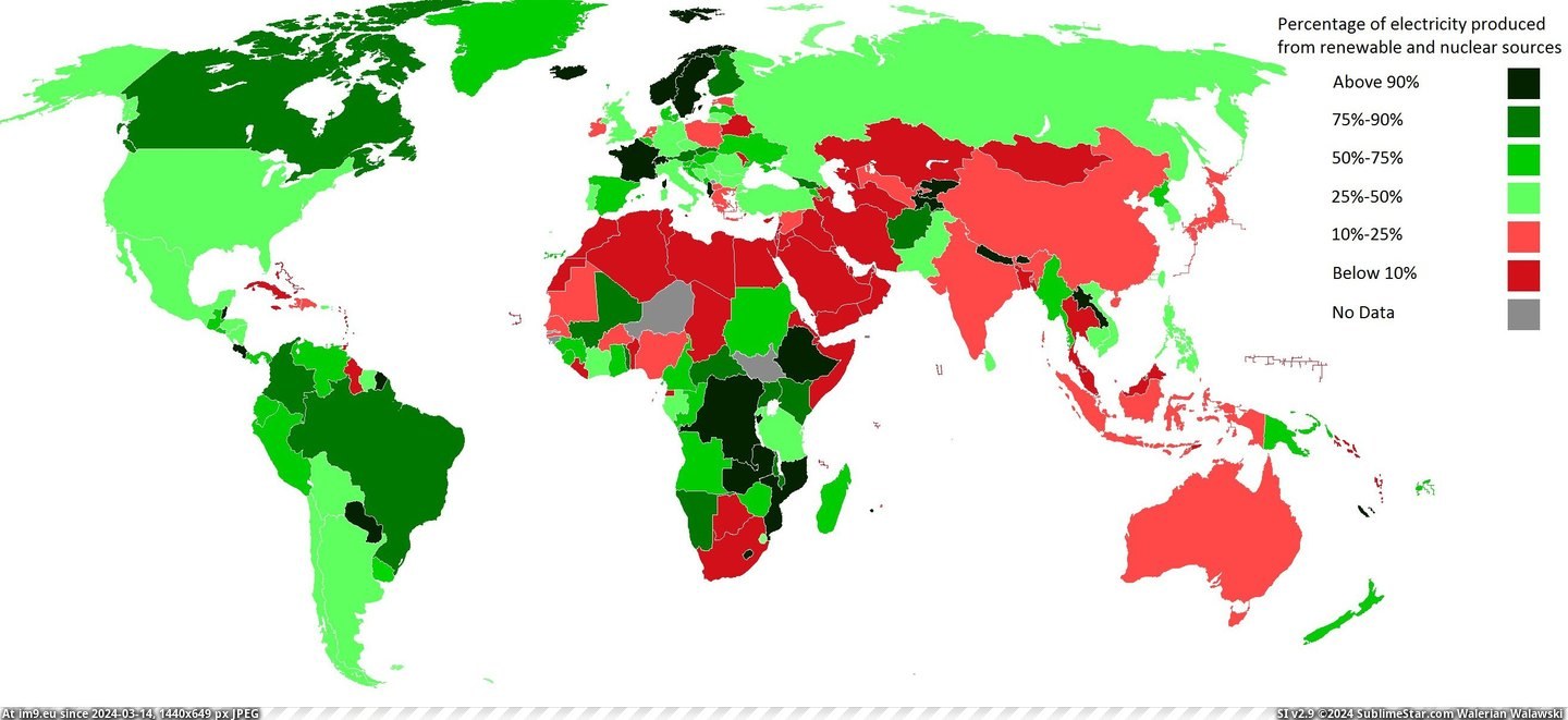 #Country #Percentage #Blind #Electricity #Produced #Colour #Nuclear #Sources [Mapporn] Percentage of electricity produced from renewable and nuclear sources, by country (colour-blind version inside) [2628x Pic. (Image of album My r/MAPS favs))