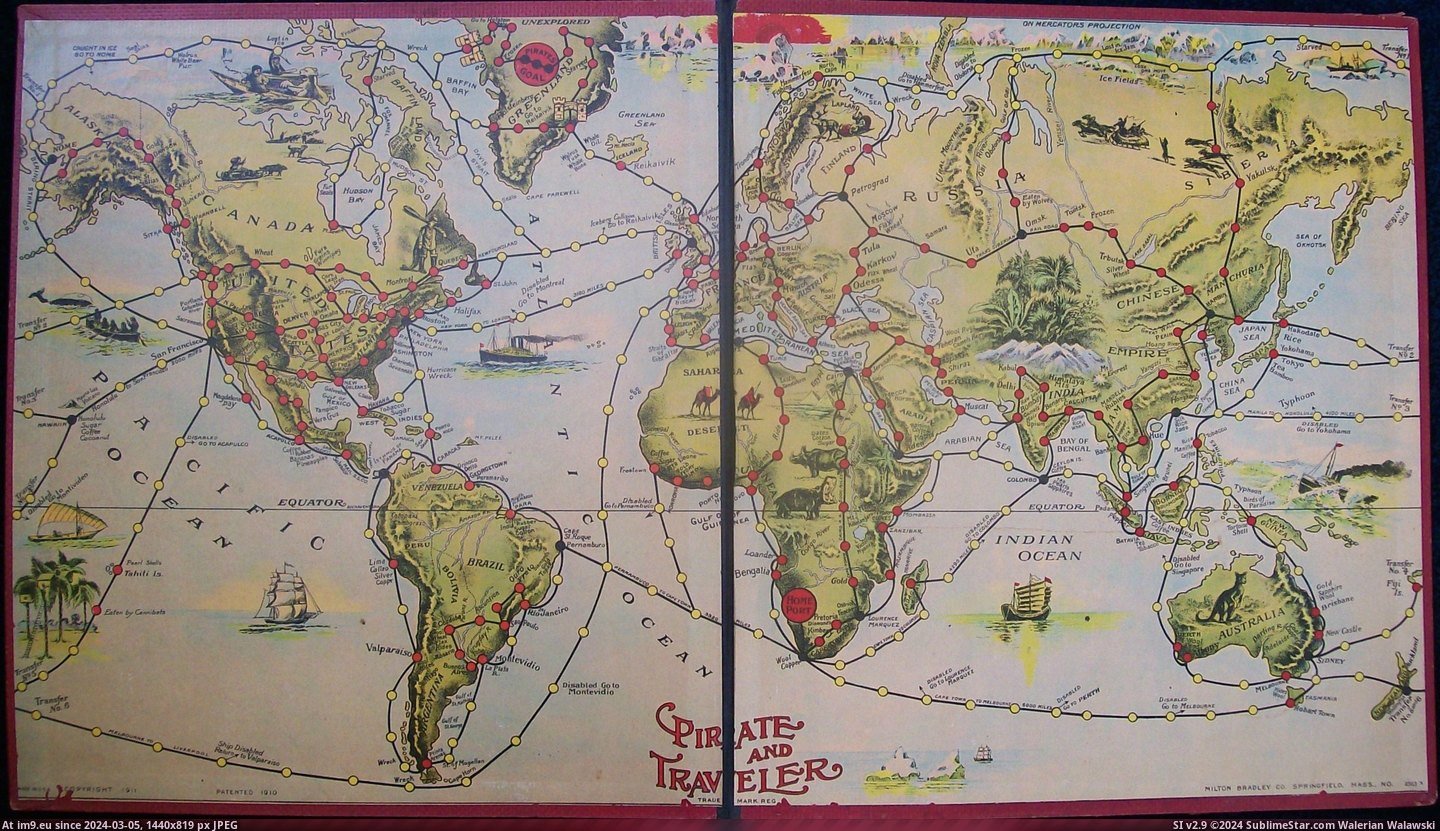 #Game #Pirate #Board [Mapporn] Pirate and Traveler board game, 1911. [2880x1650] Pic. (Image of album My r/MAPS favs))