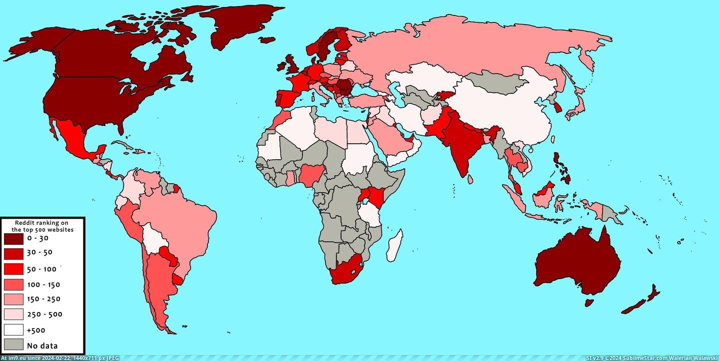 #World #Popularity #4500x2234 [Mapporn] Popularity of Reddit in the world. [OC] [4500x2234] Pic. (Image of album My r/MAPS favs))