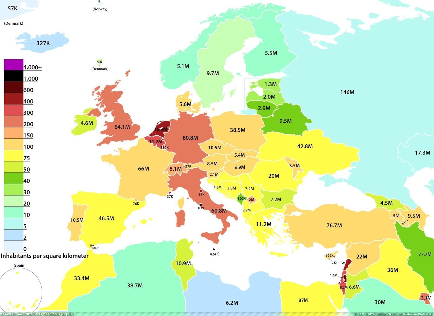 #Europe #Density #2100x1525 #Population [Mapporn] Population and population density in Europe [2100x1525] [OC] Pic. (Obraz z album My r/MAPS favs))
