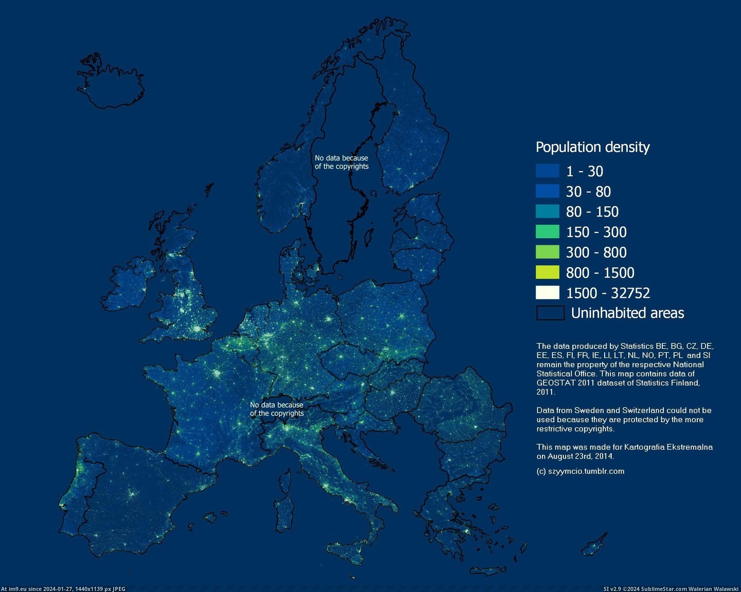 #Europe #Density #Population [Mapporn] Population density of Europe (or at least most of) [2584×2056px] [OC] Pic. (Image of album My r/MAPS favs))