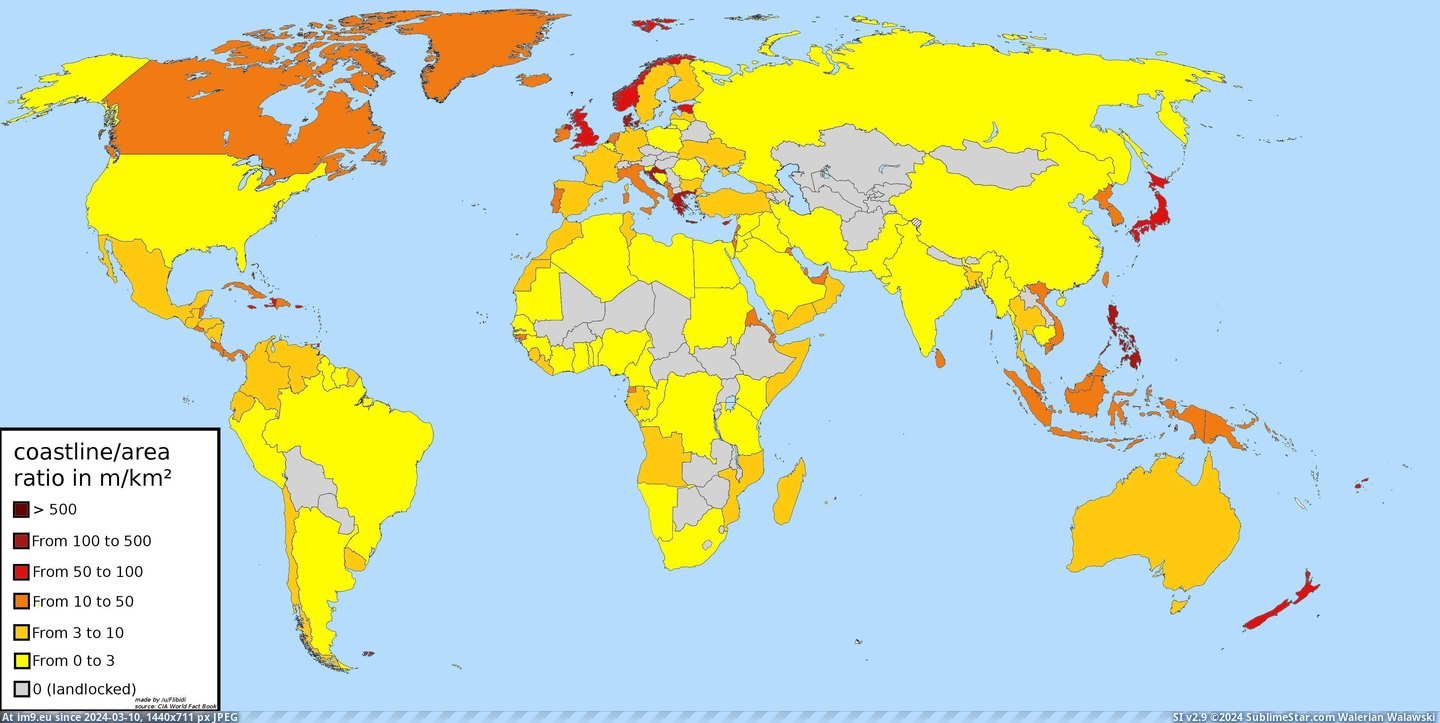 #Country #Area #Ratio #4500x2234 #Coastline [Mapporn] Ratio coastline-area of each country [4500x2234] [OC] Pic. (Image of album My r/MAPS favs))