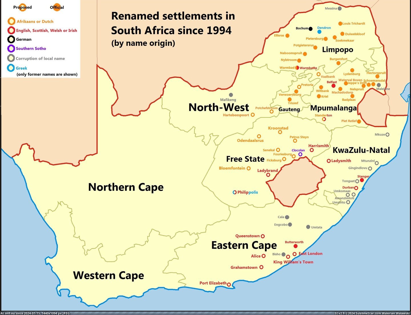 [Mapporn] Renamed settlements in South Africa since 1994 [2416x1848] (in My r/MAPS favs)