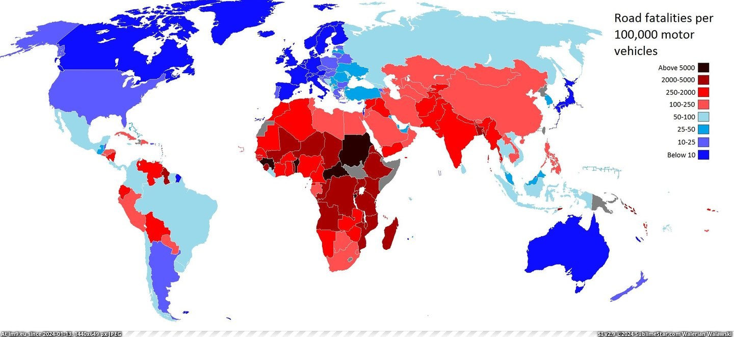 #Road #Motor #Fatalities #2628x1196 #Vehicles [Mapporn] Road fatalities per 100,000 motor vehicles [2628x1196] Pic. (Изображение из альбом My r/MAPS favs))