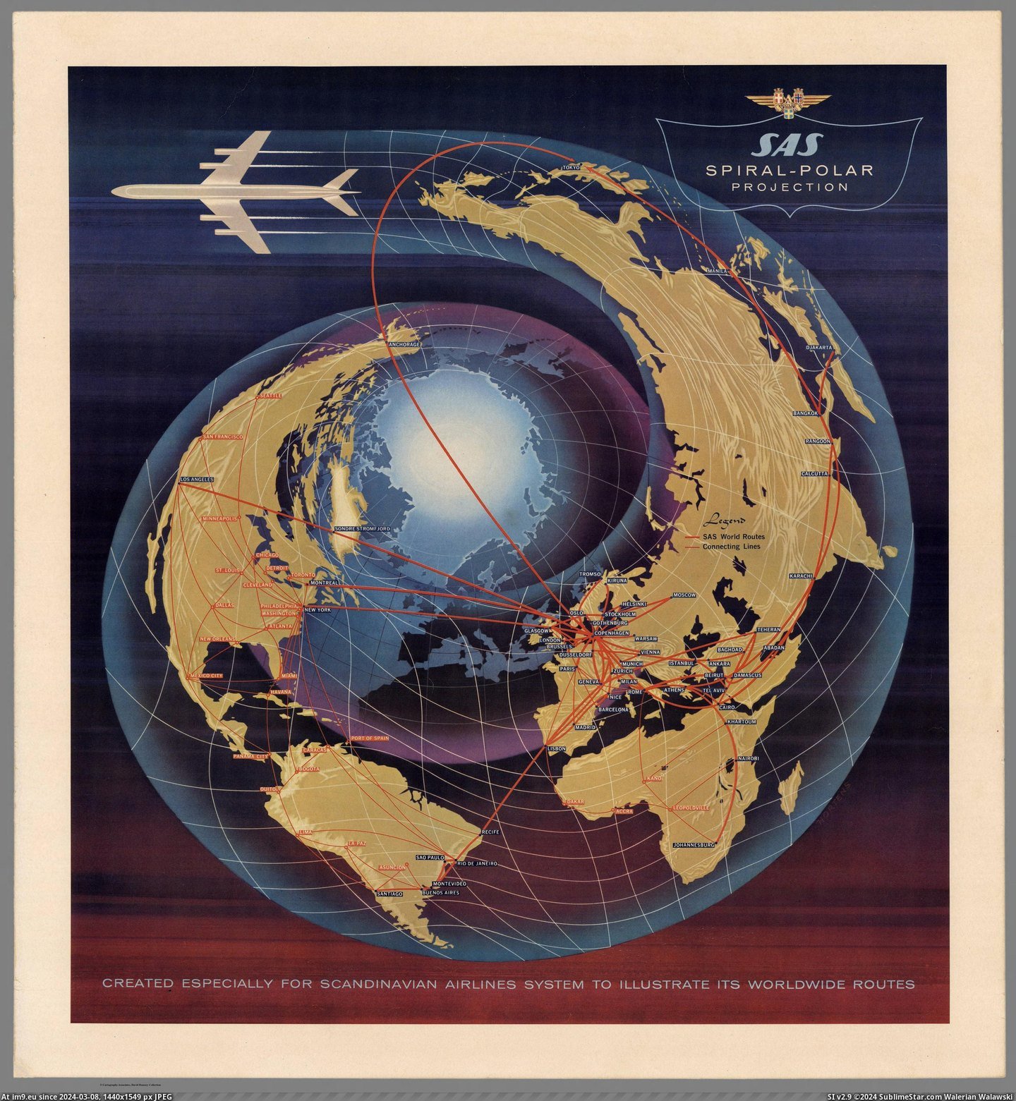 #System #Created #Polar #Worldwide #Illustrate #Scandinavian #Sas #Routes #Projection #Airlines #Spiral [Mapporn] SAS Spiral-Polar Projection. Created Especially for Scandinavian Airlines System to Illustrate Its Worldwide Routes. [ Pic. (Obraz z album My r/MAPS favs))