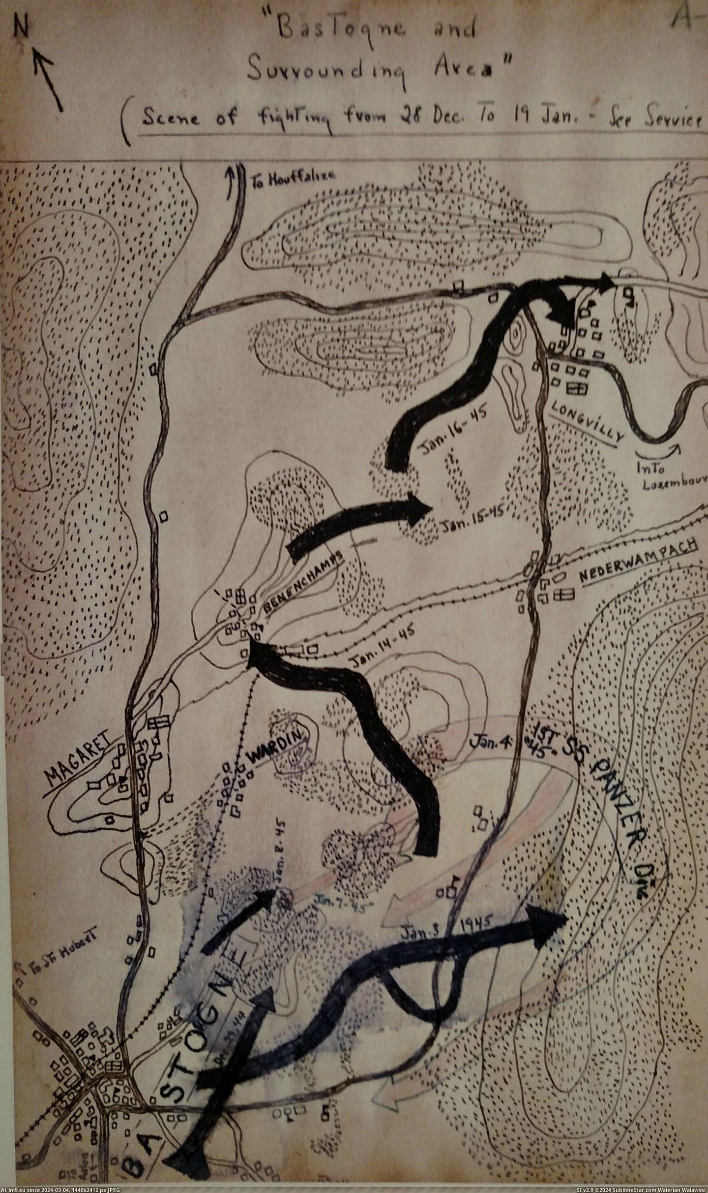 #Map #Hand #Scene #Bastogne #Dec #Jan #Plumb #John #Drawn #Advance #Fighting [Mapporn] 'Scene of fighting from 28 Dec to 19 Jan.' Hand drawn map of advance out of Bastogne by Lt. John Plumb [2187 x 3675] - Pic. (Obraz z album My r/MAPS favs))