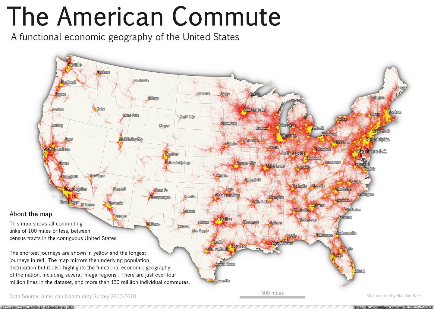 #Map #American #Usa #Commute #Links #Miles #Rae #Contiguous [Mapporn] The American Commute: map of all commuting links of 100 miles or less in the contiguous USA. (by Alasdair Rae)[3507x24 Pic. (Bild von album My r/MAPS favs))