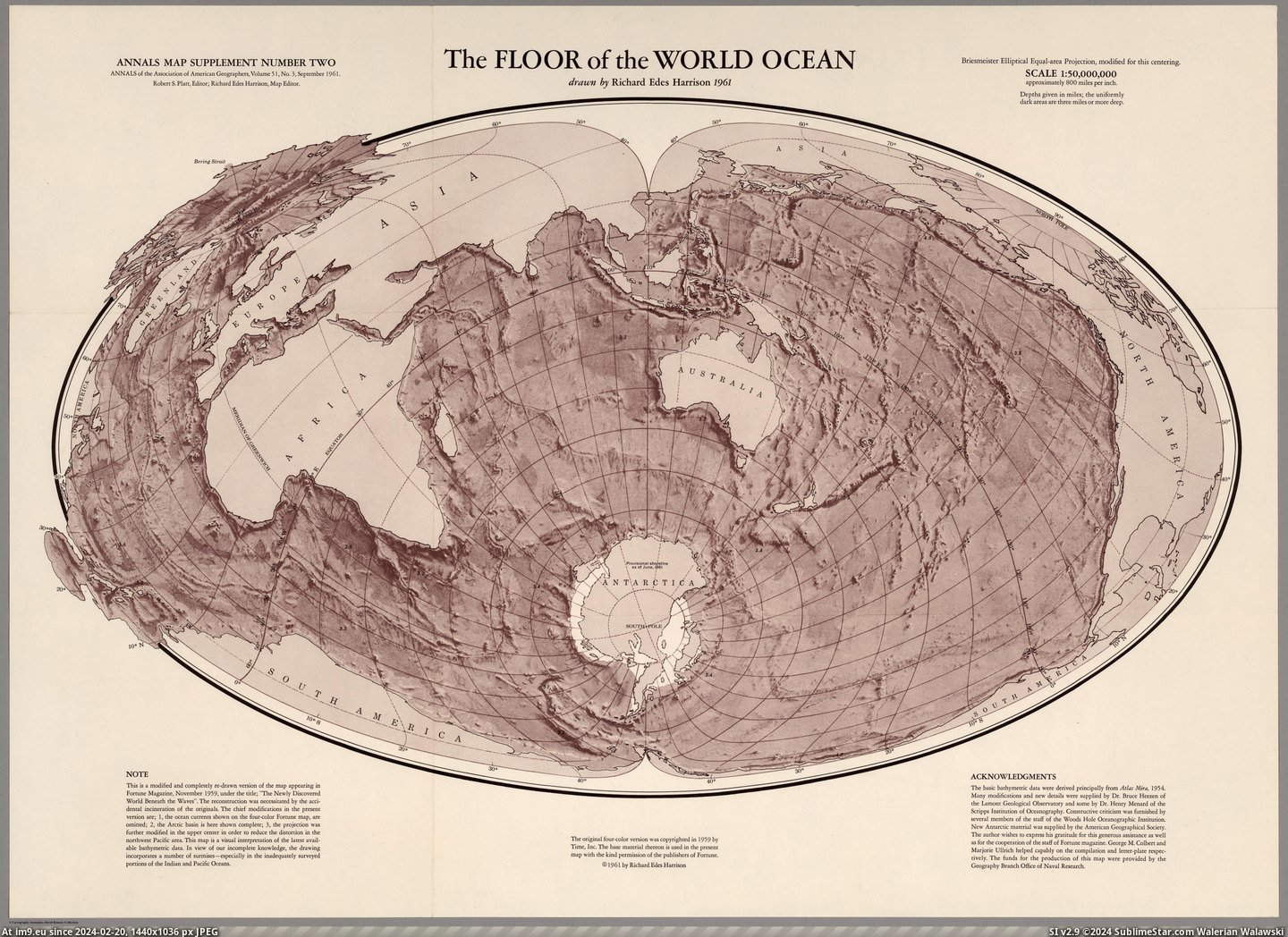 #World #Area #Ocean #Harrison #Equal #Floor #Richard #Projection [Mapporn] The Floor of the World Ocean, a Briesmeister Elliptical Equal-area Projection, made in 1961 by Richard Edes Harrison [ Pic. (Image of album My r/MAPS favs))