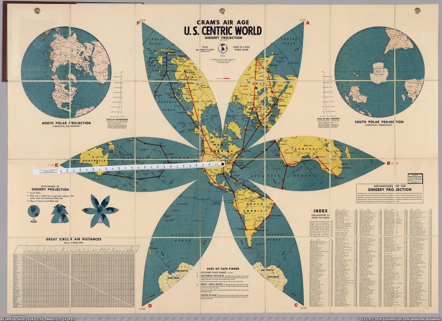 #World #Air #Age #Centric #Gingery #Projection #Est #Cram [Mapporn] The Gingery projection. 'Cram's air age. US centric world', est. 1943 [5907x4248] Pic. (Bild von album My r/MAPS favs))