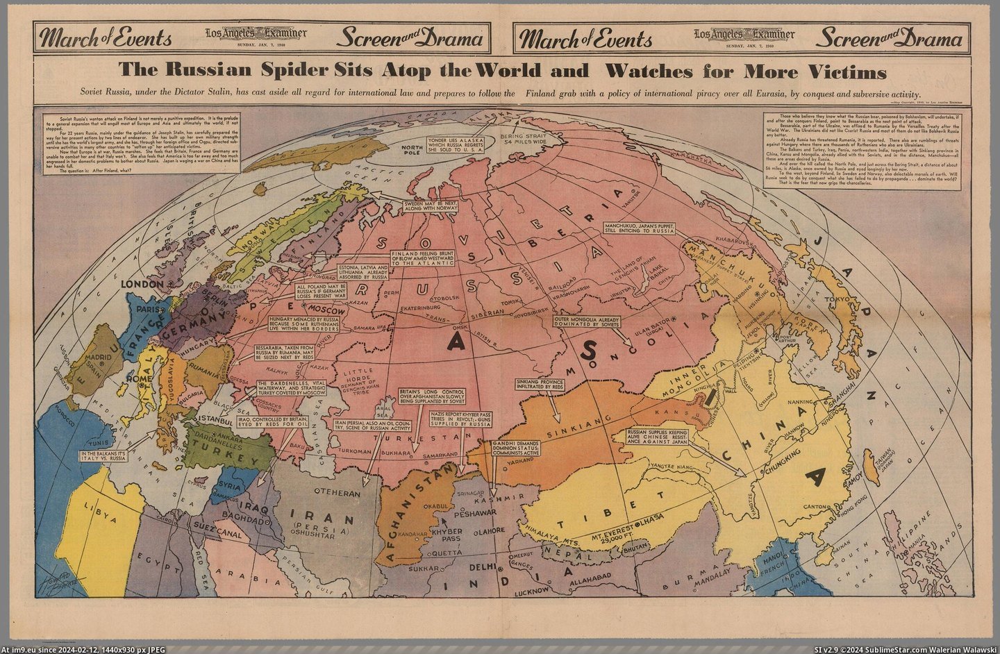 #World #Map #Full #Spread #Russian #Sits #Spider #Colored [Mapporn] The Russian Spider sits atop the World and Watches for More Victims. Colored full spread newspaper map published in th Pic. (Image of album My r/MAPS favs))