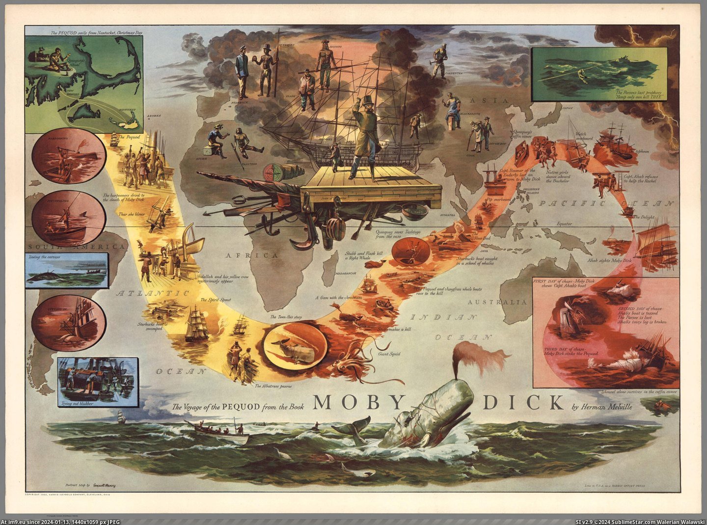 #Map #Dick #Book #Created #Everett #Melville #Pequod #Henry #Moby #Herman #Voyage [Mapporn] The Voyage of the Pequod from the Book Moby Dick by Herman Melville. Map created by Everett Henry in 1956 [5118x3776] Pic. (Image of album ))