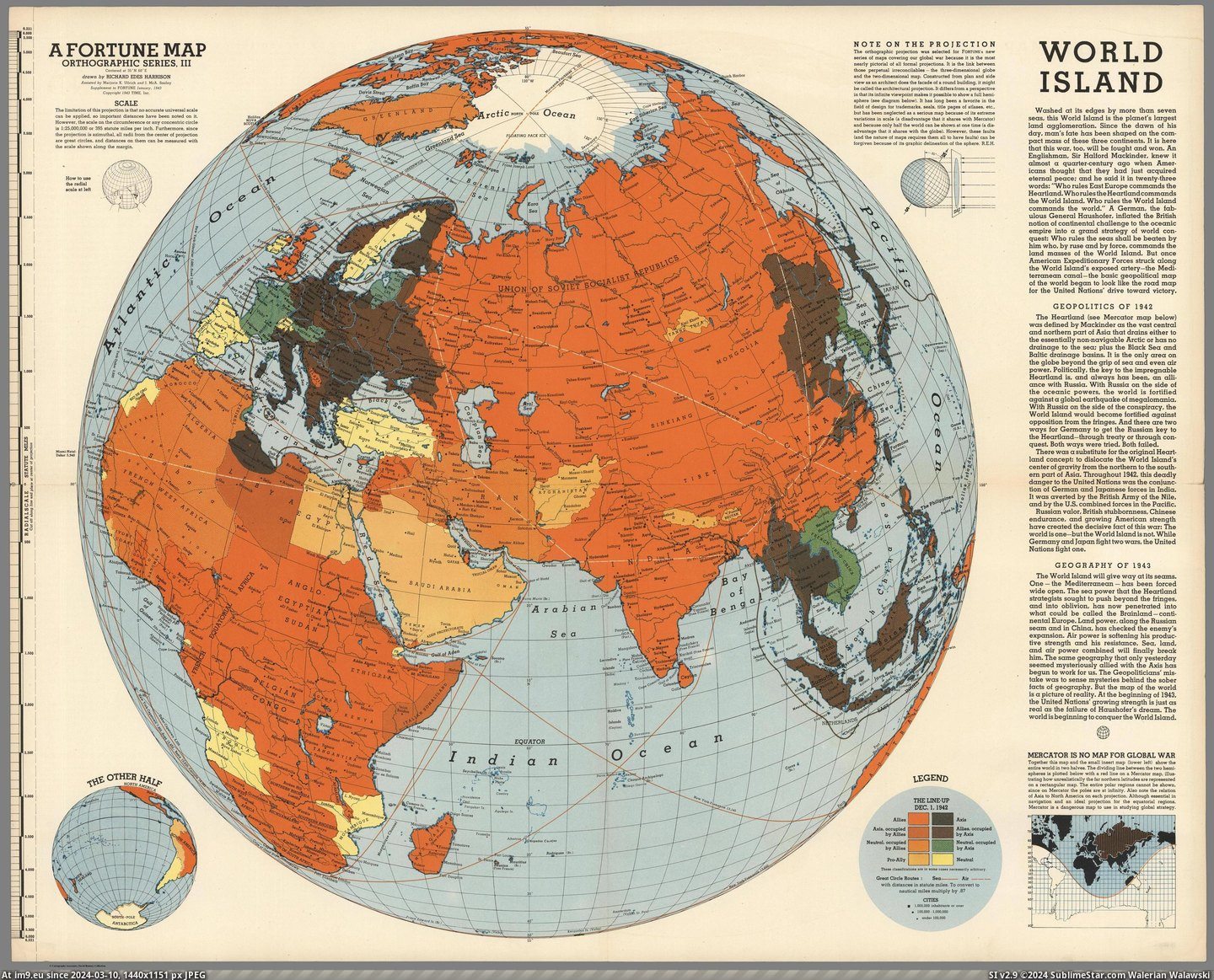#World #Island #Controls #Richard #Harrison [Mapporn] The World Island, 'Who controls the World Island commands the World' made by Richard Harrison in 1943 [3686x2957] Pic. (Bild von album My r/MAPS favs))
