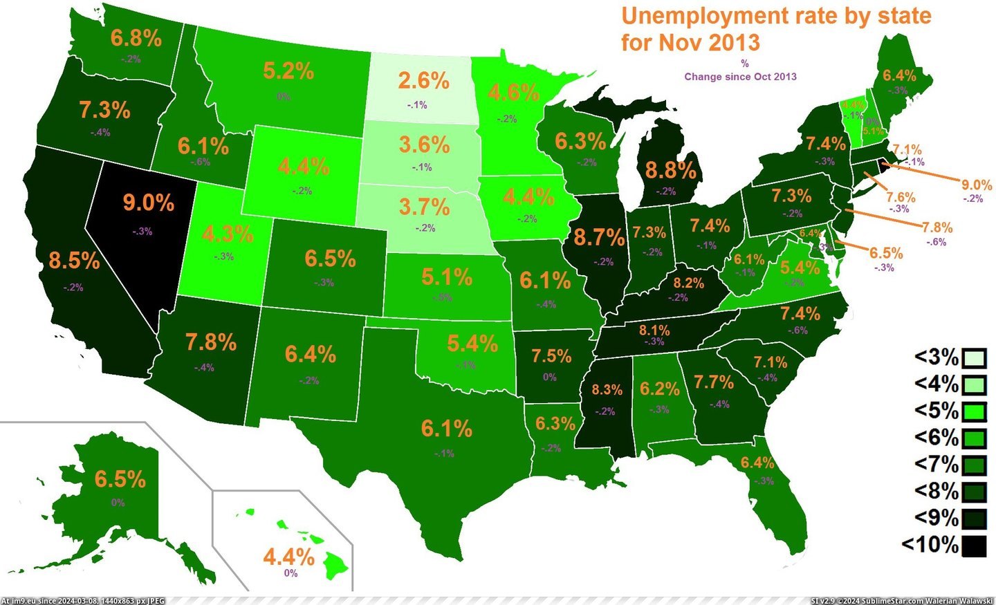 #State #Change #Unemployment #Oct #Nov [Mapporn] Unemployment rate by state for Nov 2013 & change since Oct 2013 [2062x1248][OC] Pic. (Bild von album My r/MAPS favs))