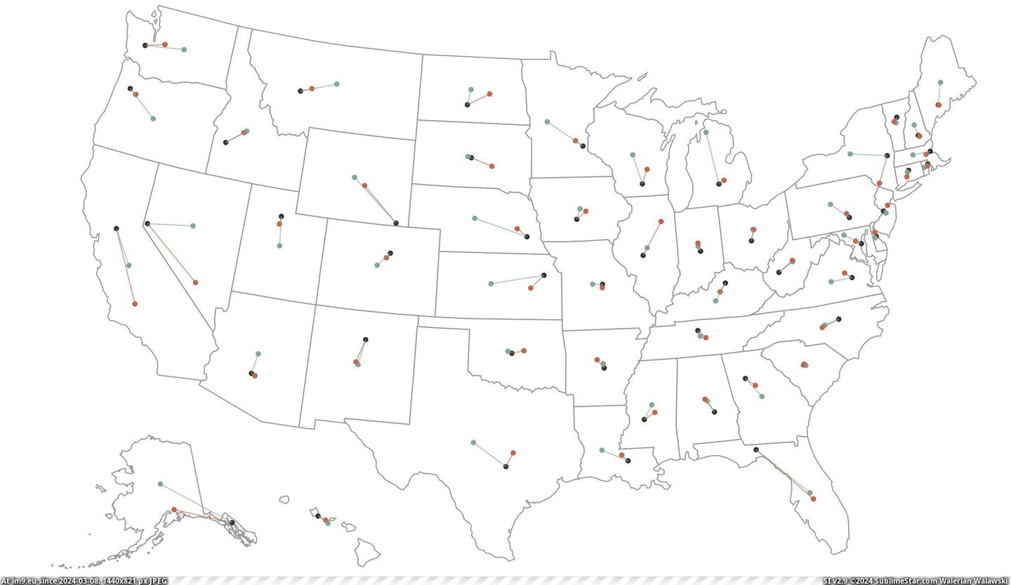 #Black #Red #State #Capitals #Centers #Population #Green #Geographic [Mapporn] US State Capitals(black) vs Geographic(green) and Population(red) Centers [2358x1356] Pic. (Bild von album My r/MAPS favs))