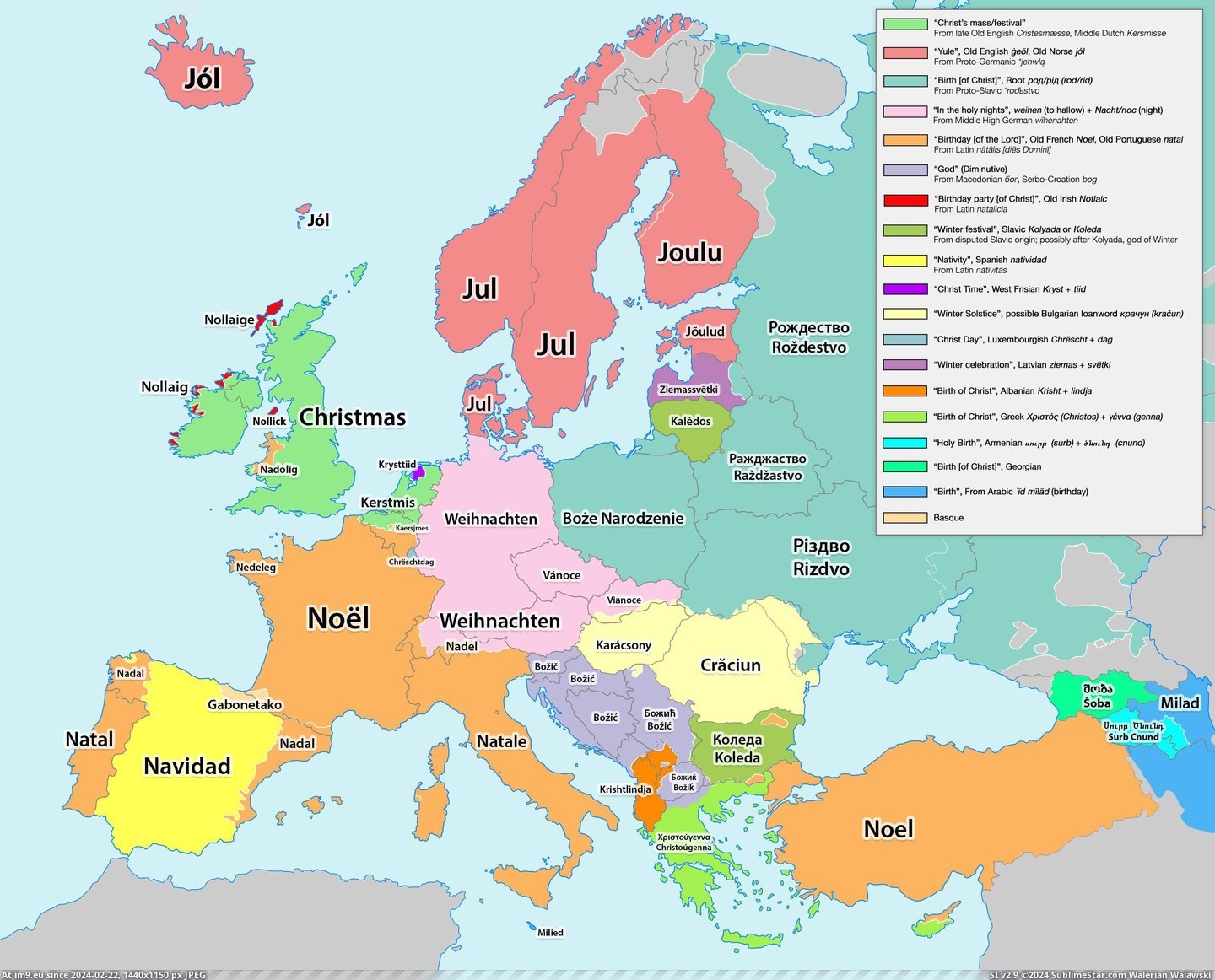 #Europe #Christmas #Translations #Holidays #Etymologies [Mapporn] Where does Christmas come from? Translations and etymologies of holidays in Europe [3065x2460] Pic. (Obraz z album My r/MAPS favs))