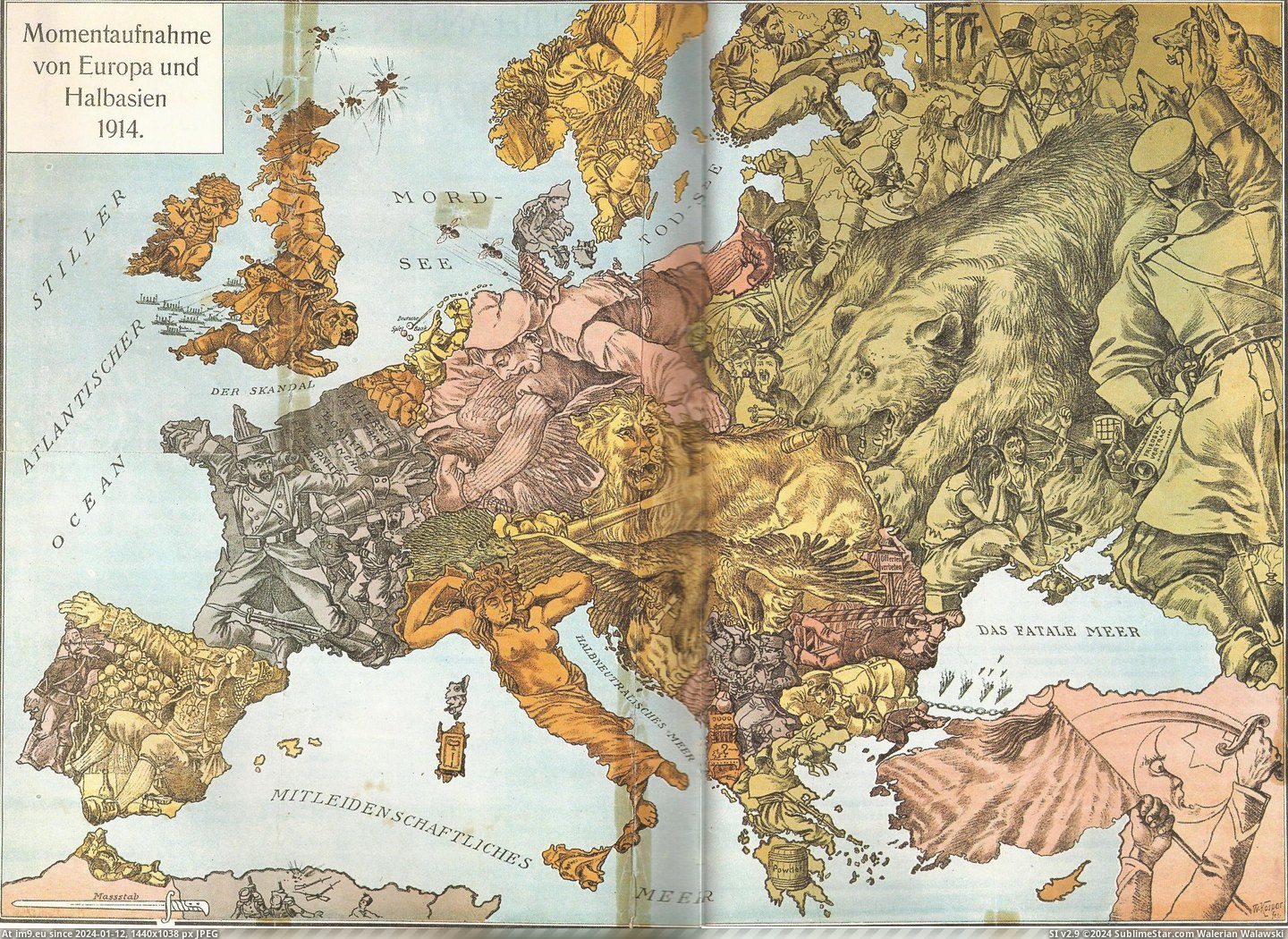 #Years #Map #Europe #Attic #Wwi #Ago #Grandparents #Png [Mapporn] WWI satirical map of Europe - found in my grandparents attic years ago [2493x1809][PNG] Pic. (Bild von album My r/MAPS favs))