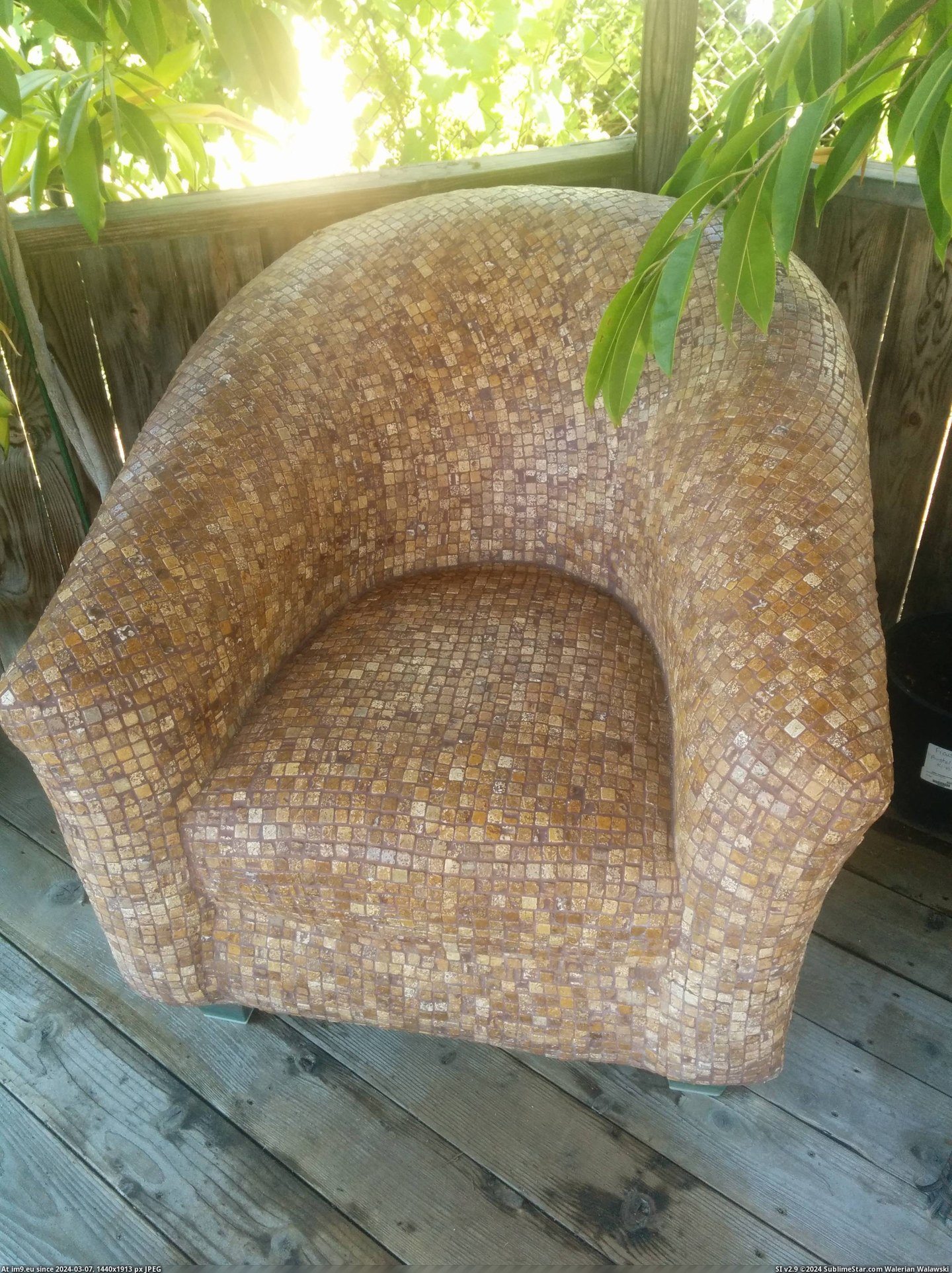 #Tiny #Stone #Tiles #Chair [Mildlyinteresting] This chair is made out of tiny stone tiles. Pic. (Image of album My r/MILDLYINTERESTING favs))